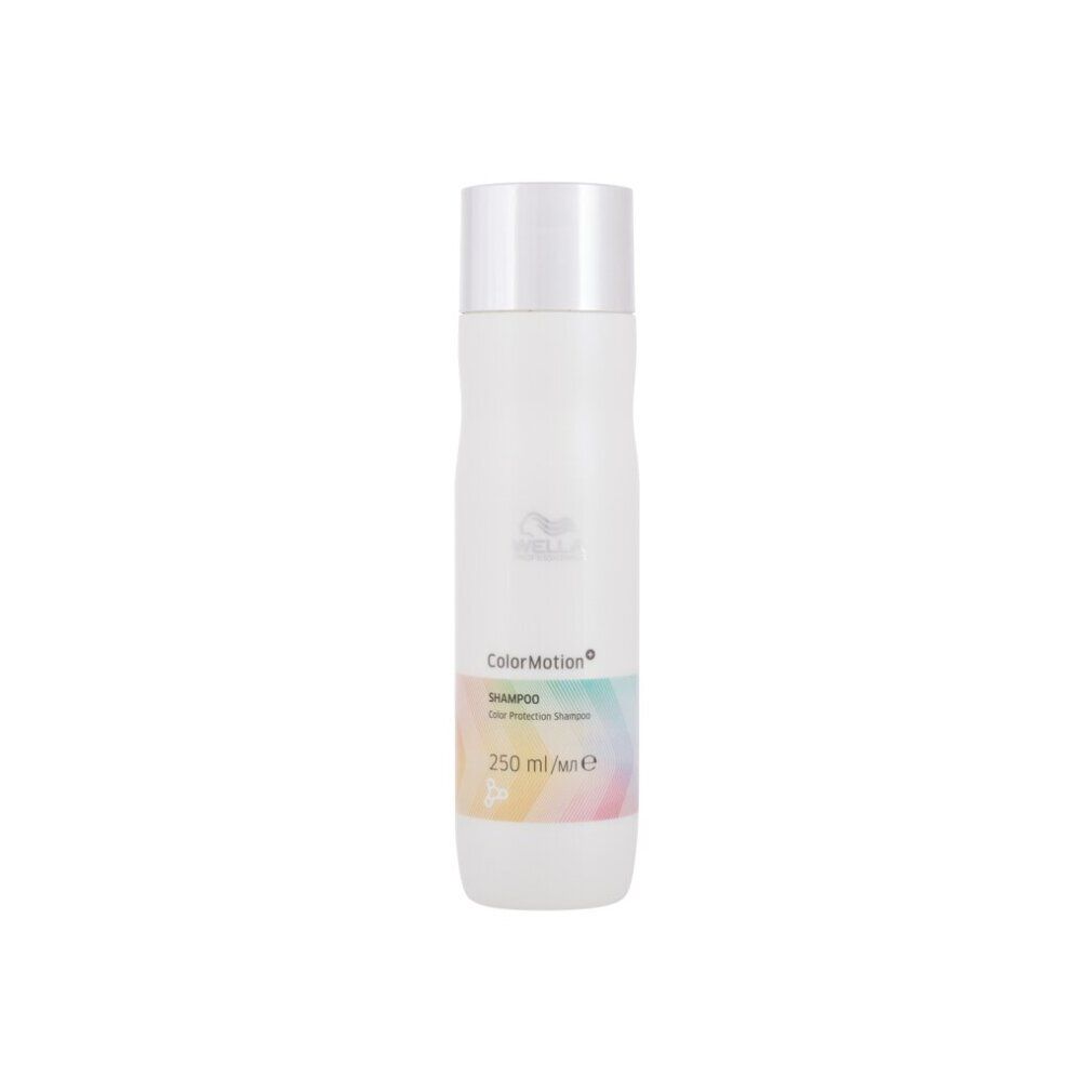 Schlanke, weiße Shampoo-Flasche mit weißem Deckel. Aufschrift: Wella Color Motion+ Shampoo, 250 ml.