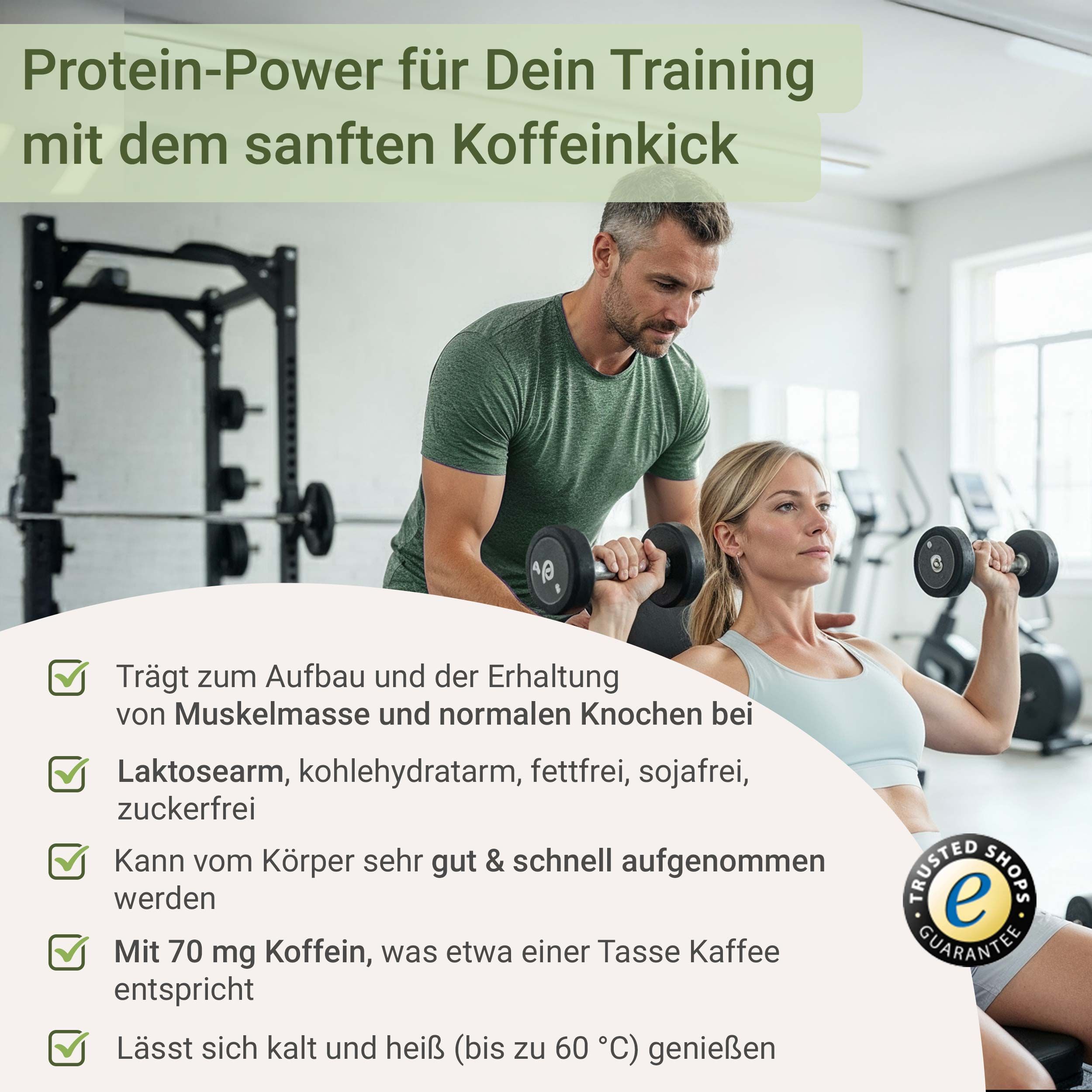 Frau und Mann trainieren mit Gewichten. Text: Muskelaufbau, knochengesund, laktosefrei, 70mg Koffein.
