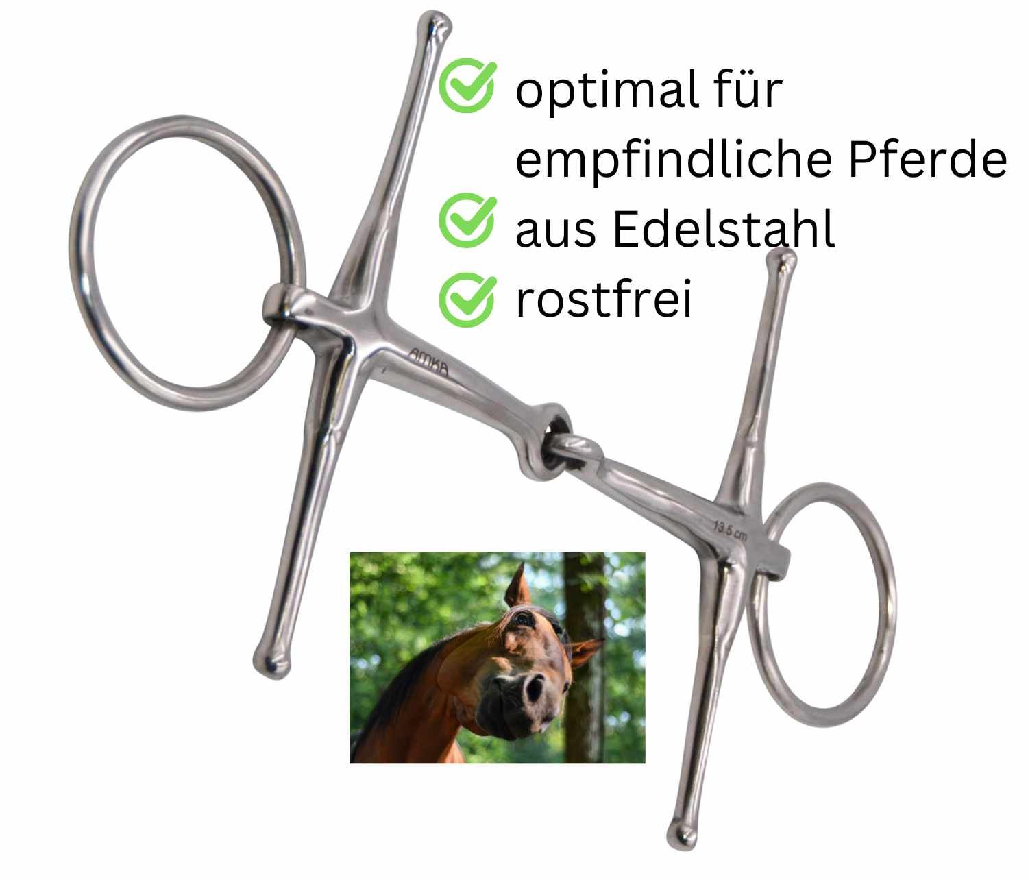 Schenkeltrense aus Edelstahl, rostfrei. Optimal für empfindliche Pferde. Bild eines Pferdekopfes.