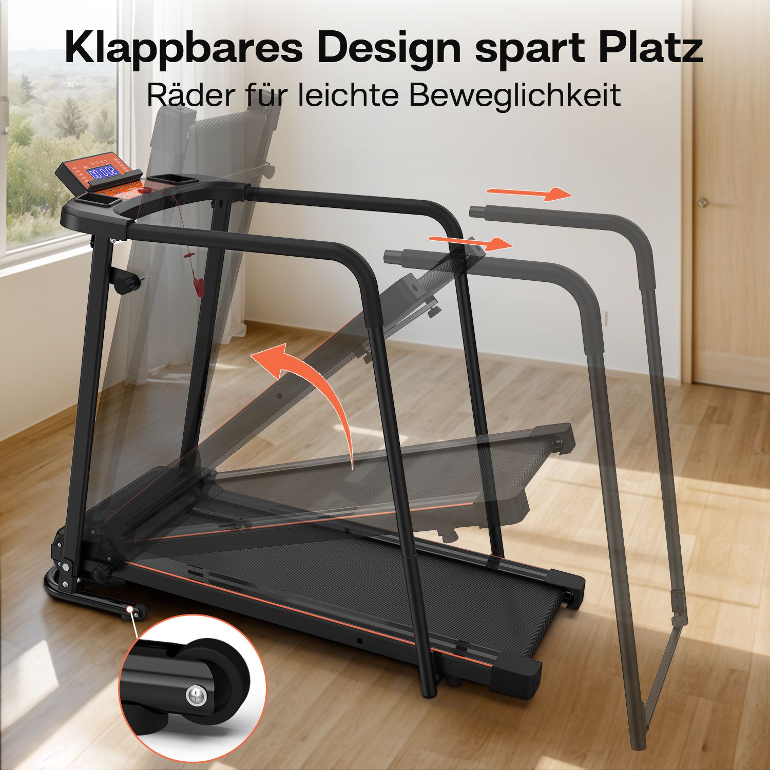 Schwarzes Laufband mit Handläufen. Klappbares Design. Text: Klappbares Design spart Platz, Räder für leichte Beweglichkeit.