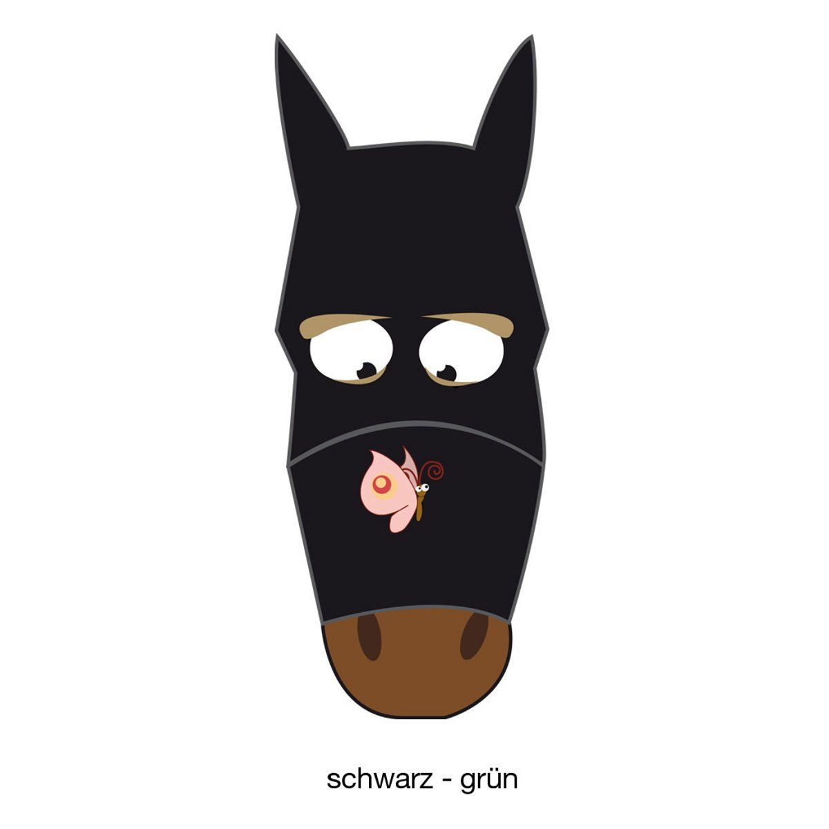PFIFF Fliegenmaske mit Motiv. Schwarze Maske mit grünem Akzent und aufgedrucktem Schmetterling.