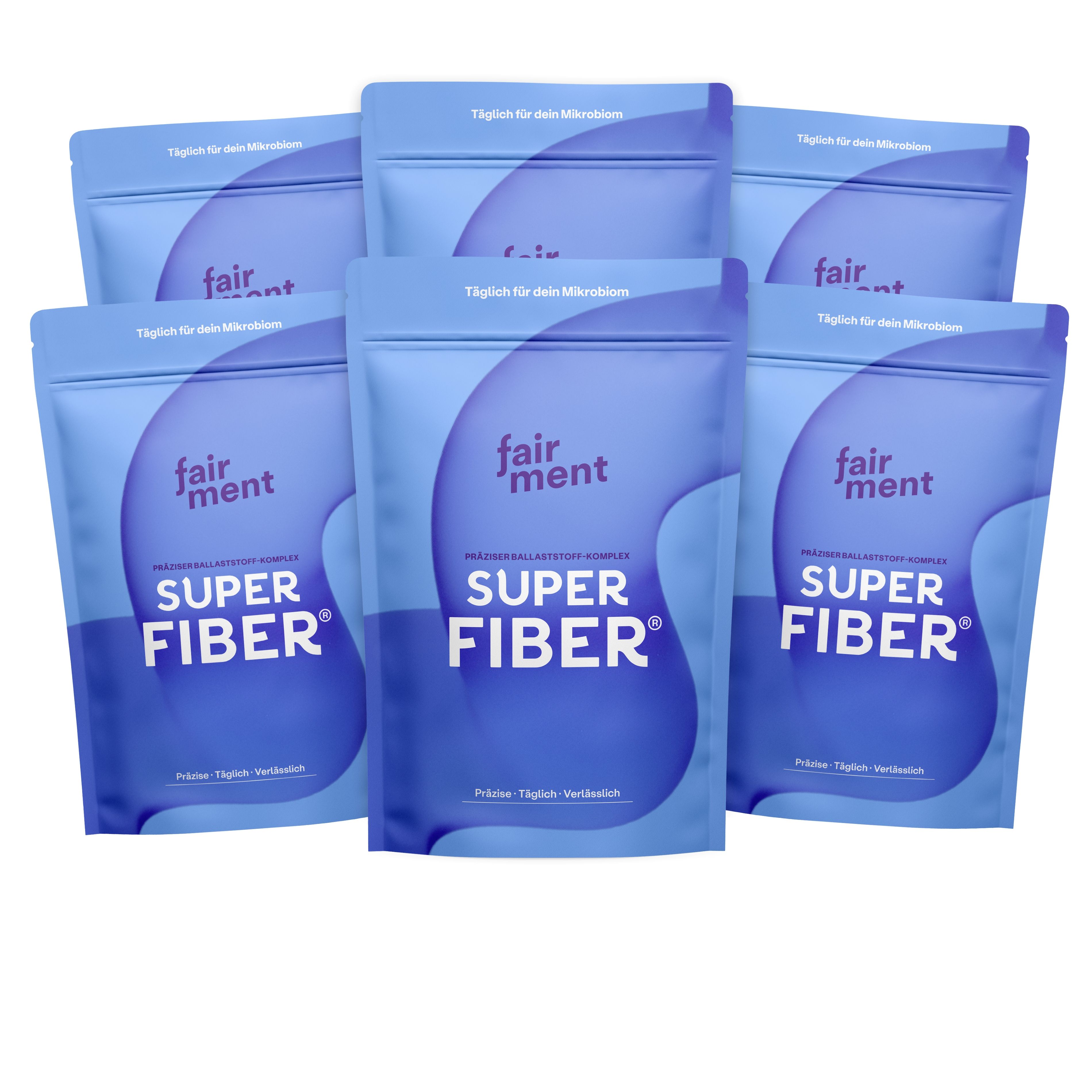 Sechs blaue Beutel mit 'fairment SUPER FIBER'. Präzisions-Ballaststoff-Komplex. Tägliche Unterstützung für das Mikrobiom.
