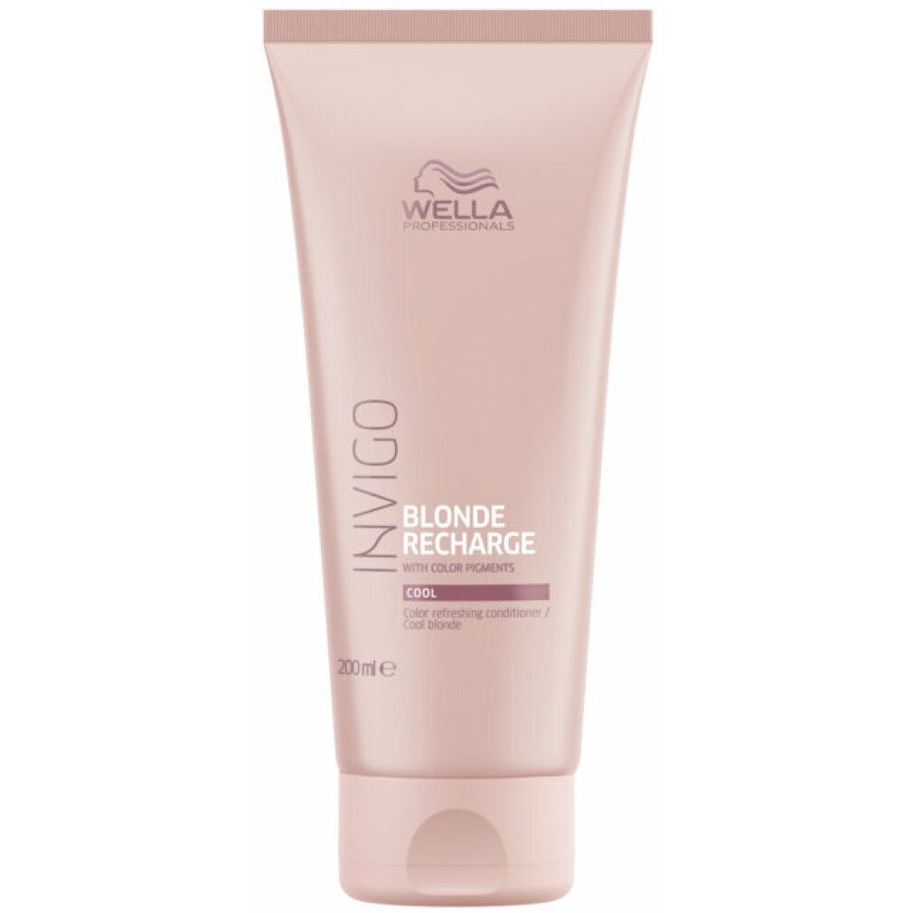 Rosa Tube mit Produktinformationen. Schriftzug: Invigo, Blonde Recharge, Cool. Marke: Wella Professionals. 200ml.
