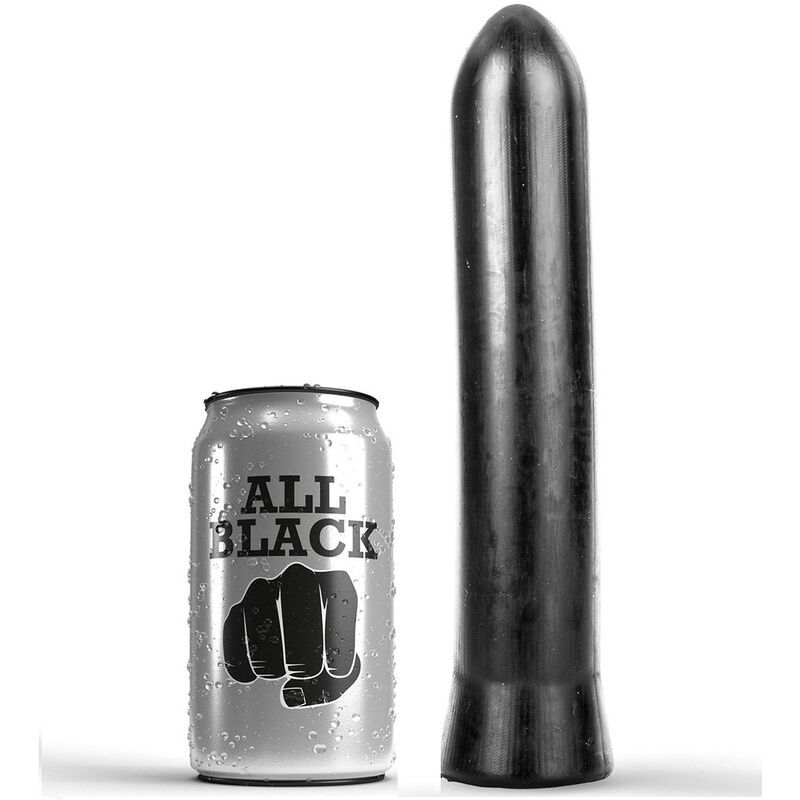 Schwarzer Dildo mit runder Spitze. Daneben eine Dose mit dem Aufdruck "ALL BLACK".