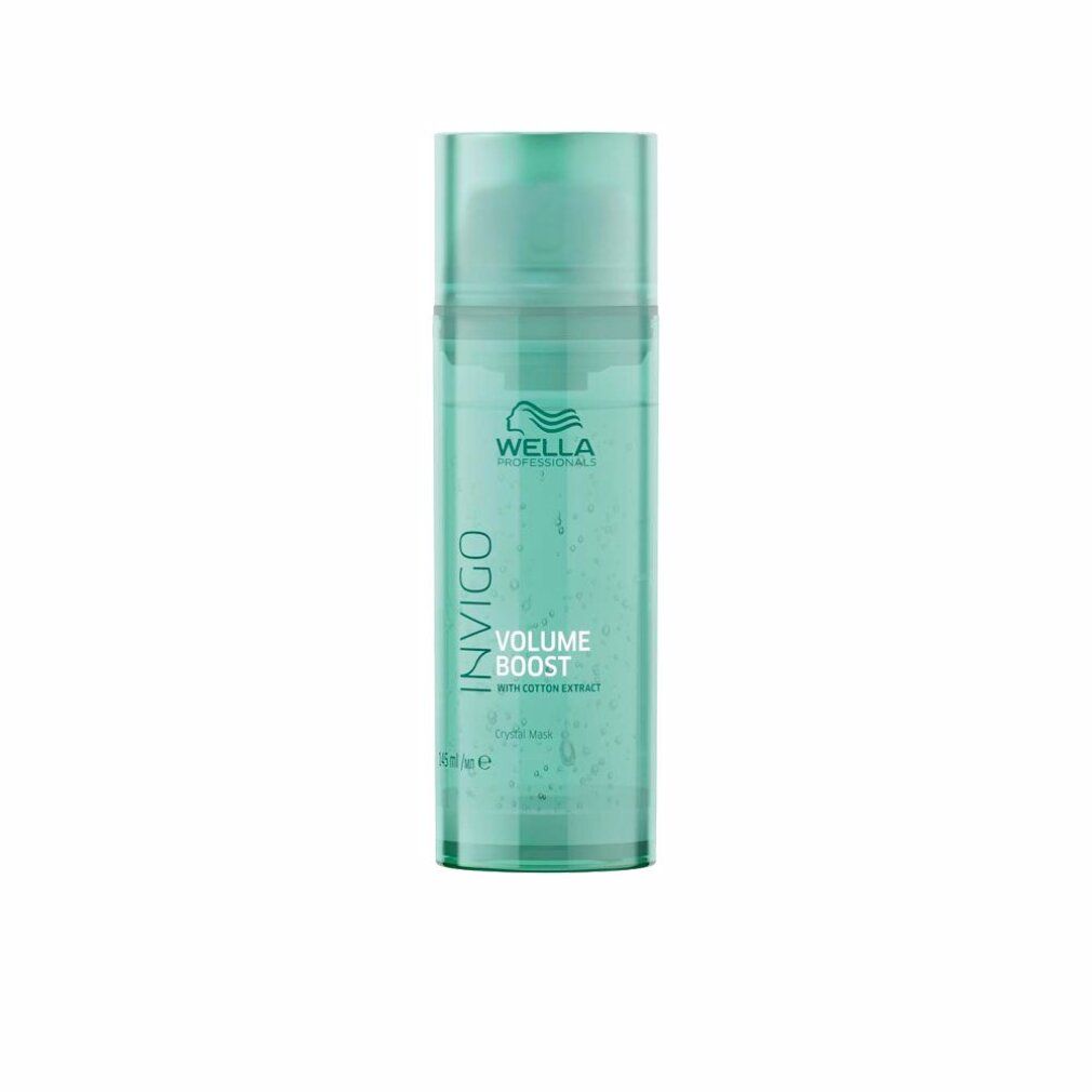 Türkisgrüne Flasche mit Wella Invigo-Logo und Text. Produktname: Volume Boost Crystal Mask. Mit Baumwollextrakt. 200 ml.