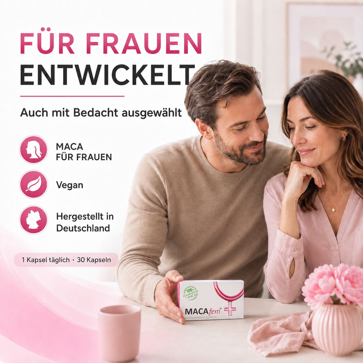 MACAfem® Maca Kapseln: Für Frauen entwickelt, vegan, hergestellt in Deutschland.