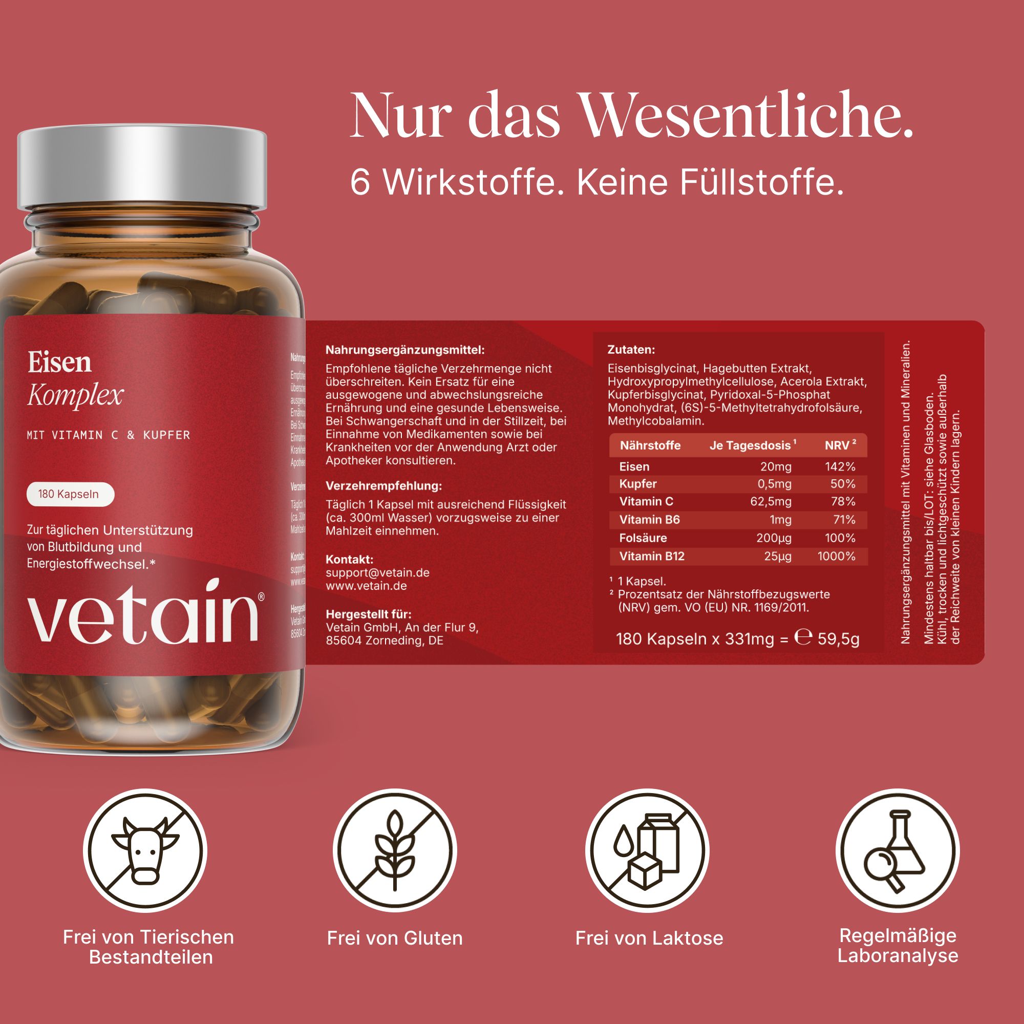 Flasche „Eisen Komplex“ von vetain, 180 Kapseln. Daneben eine Nährwerttabelle und Siegel wie „Frei von tierischen Bestandteilen“.