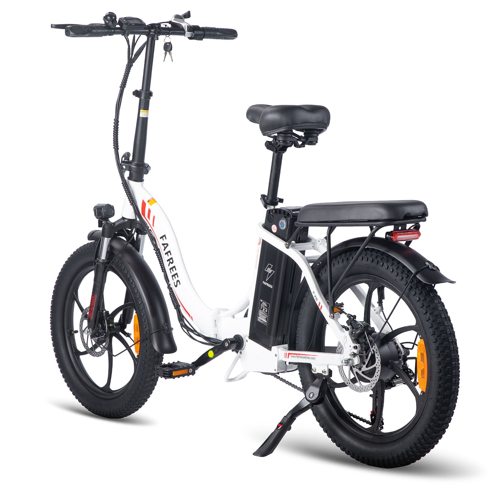 Faltbares E-Bike FAFREES F20, weiß, schwarze Reifen, rotes Logo. Scheibenbremsen, Gepäckträger, Schutzbleche, orangefarbene Reflektoren.