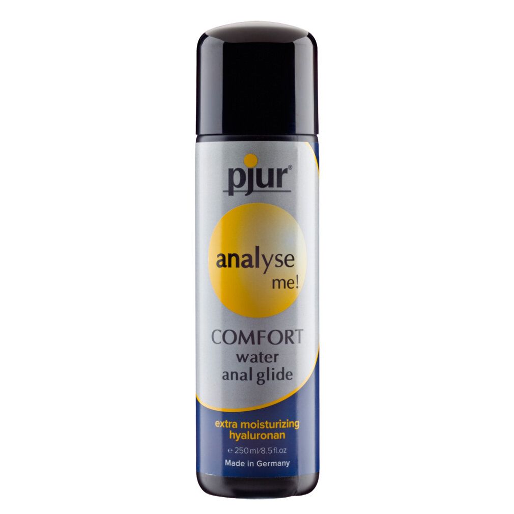 Flasche mit schwarzem Deckel. Aufschrift: pjur, analyse me!, COMFORT water anal glide, extra moisturizing hyaluron. 250ml.