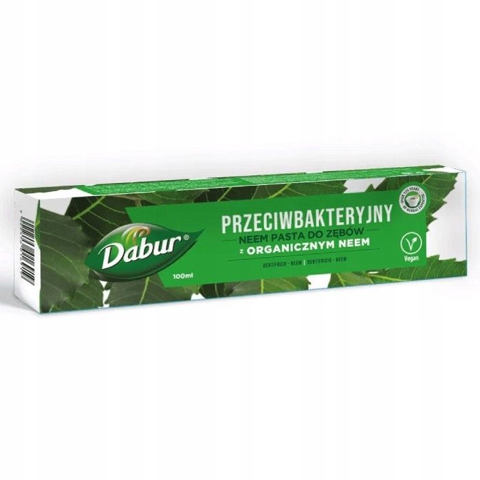 Dabur Organische Neem Zahnpasta, antibakteriell mit Bio-Neem. Grüne Verpackung mit Neem-Blättern.