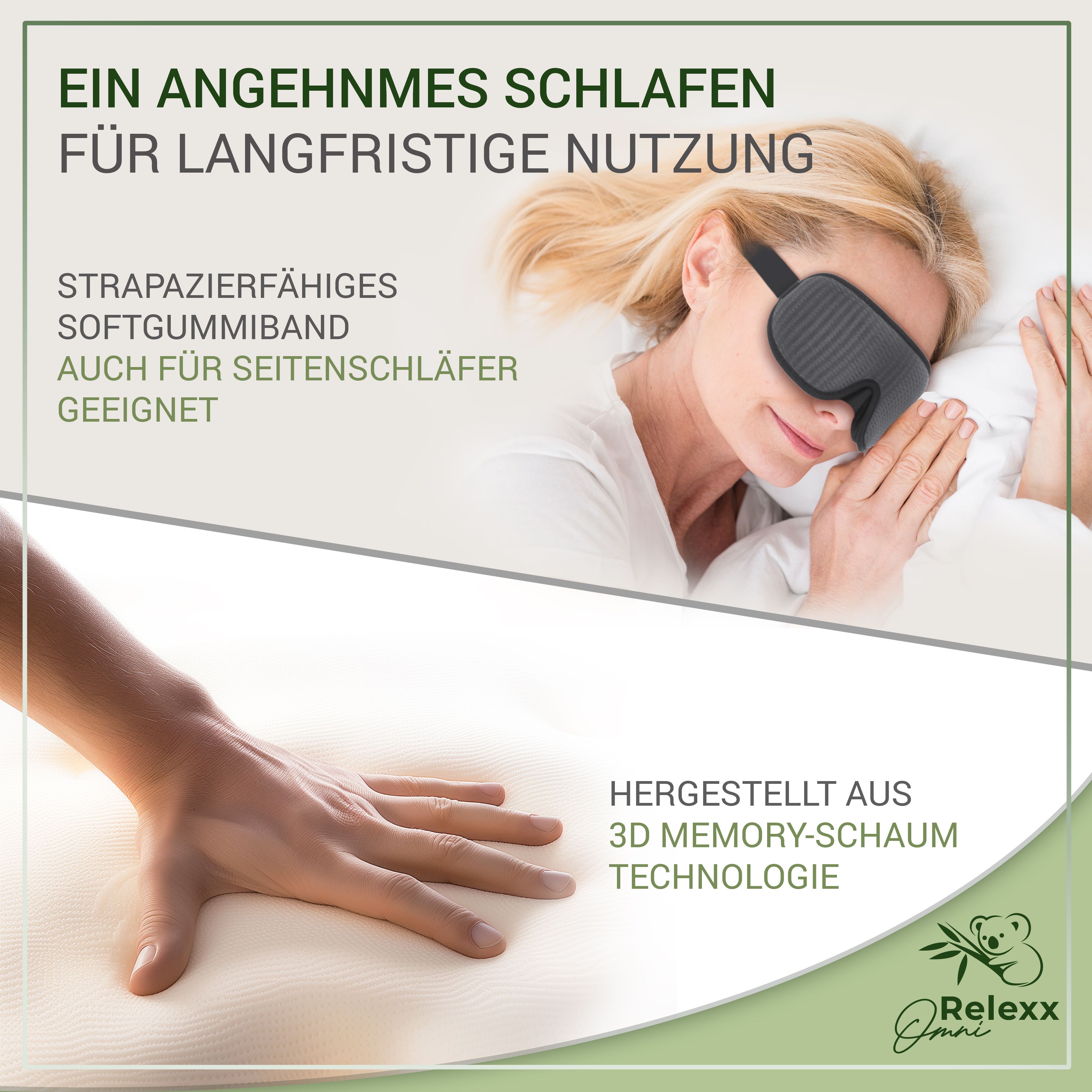 Frau mit Schlafmaske im Bett. Hergestellt aus 3D Memory-Schaum. Strapazierfähiges Softgummiband.