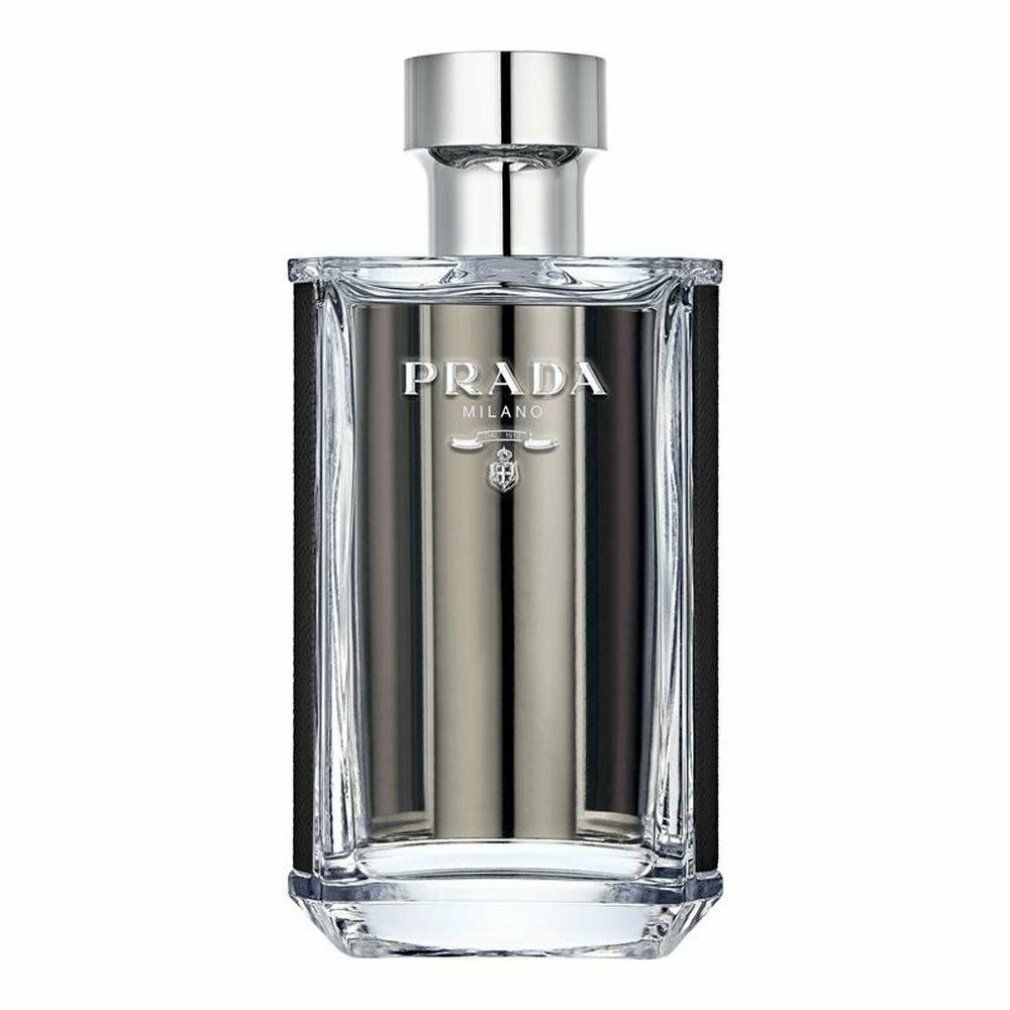 Prada L'Homme Eau de Toilette Flakon. Transparenter Flakon mit silbernem Verschluss. Schwarze Details an den Seiten.