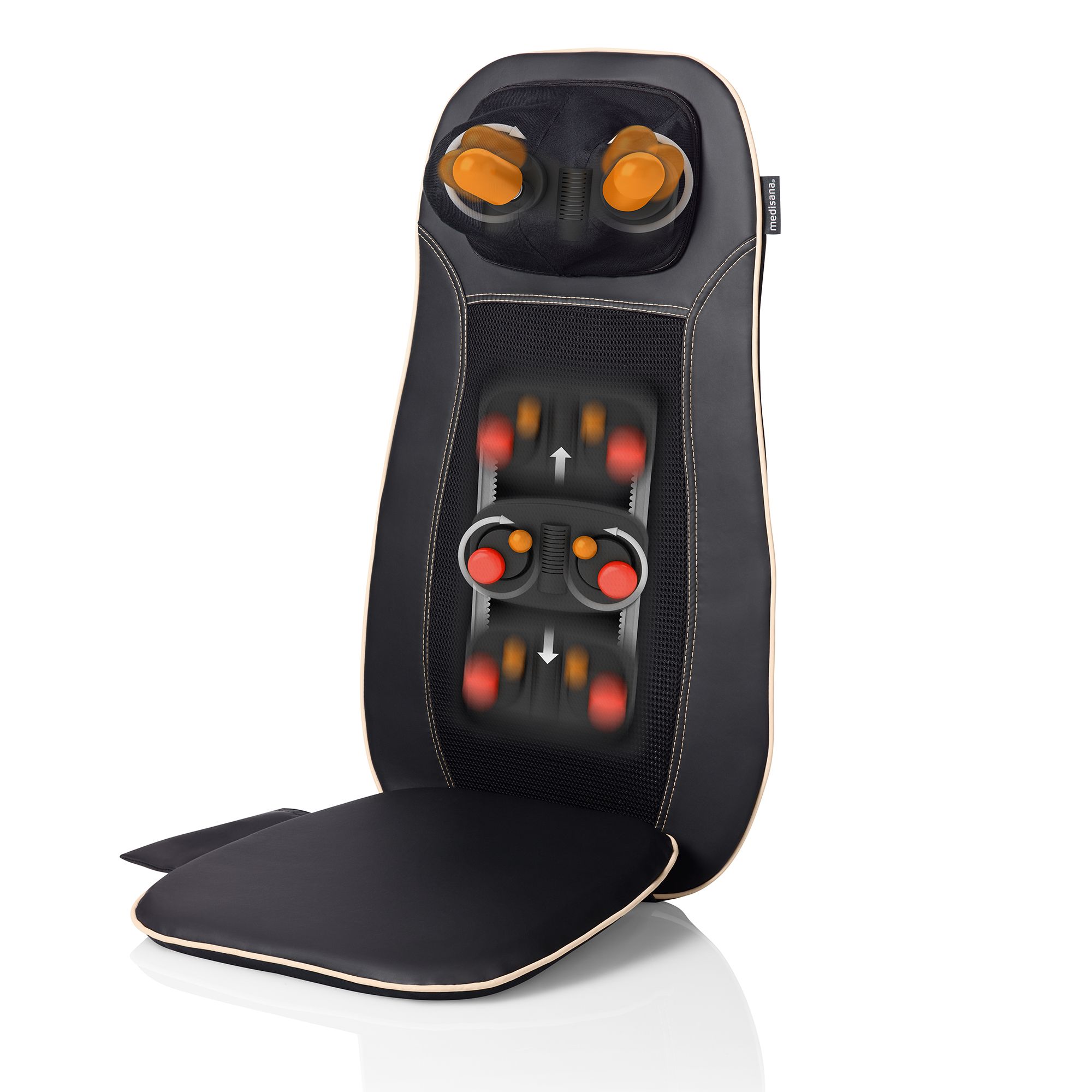 Schwarze Shiatsu-Massagematte mit Nackenmassagefunktion und Heizung.