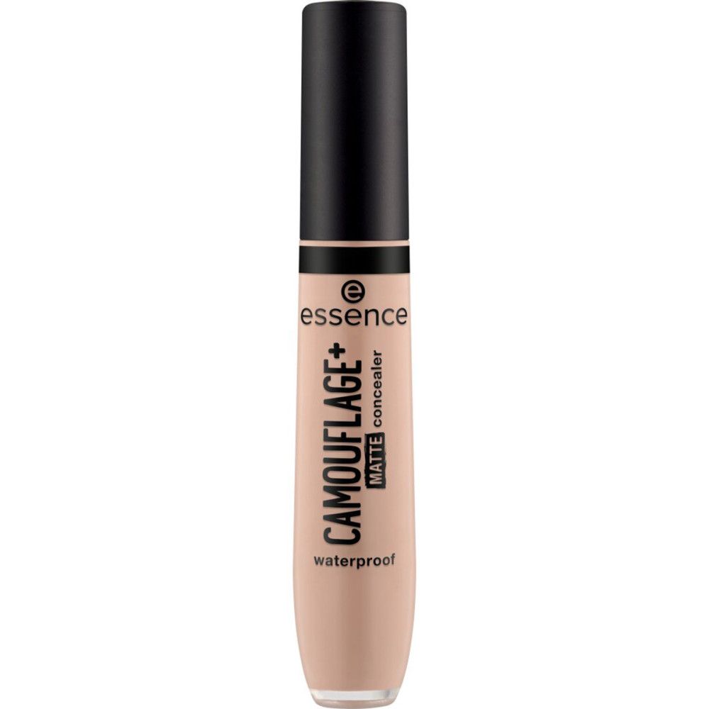 Essence Camouflage+ Matte Concealer. Beige Flasche mit schwarzem Deckel. Text: waterproof.