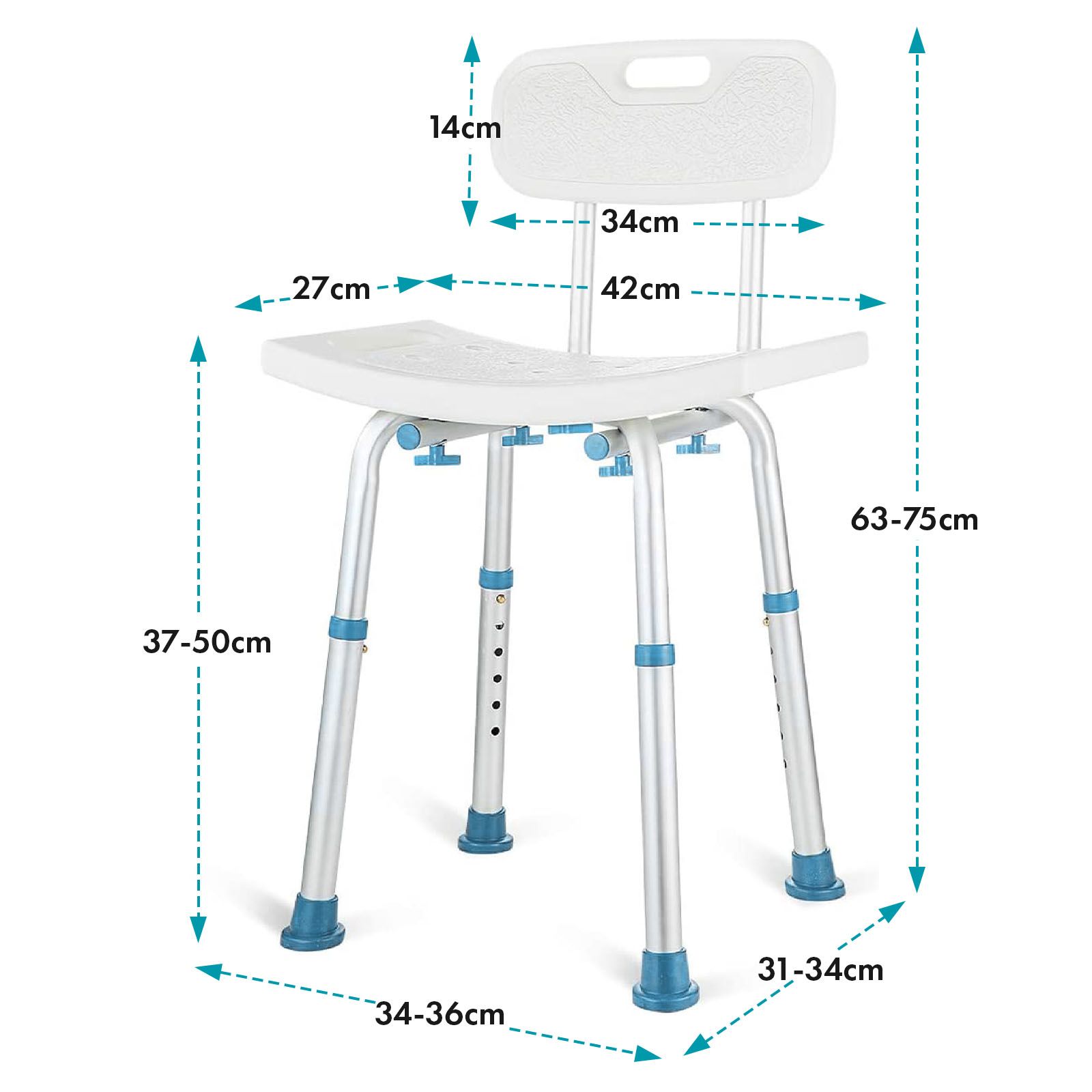 Duschstuhl mit Rückenlehne. Abmessungen: 63-75cm hoch, 34-36cm breit, 31-34cm tief. Sitzfläche 42x27cm.