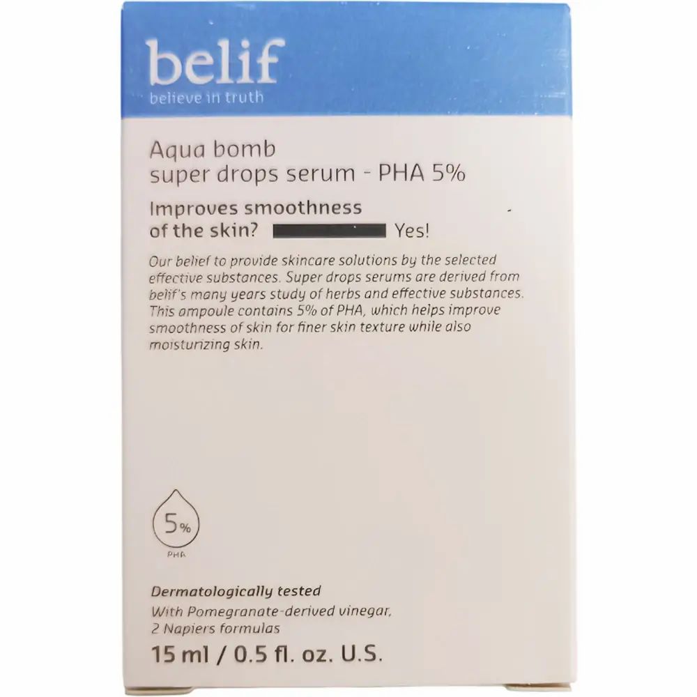 Kartonverpackung mit Aufschrift: belif, Aqua bomb super drops serum - PHA 5%. Enthält Informationen und Inhaltsstoffe.