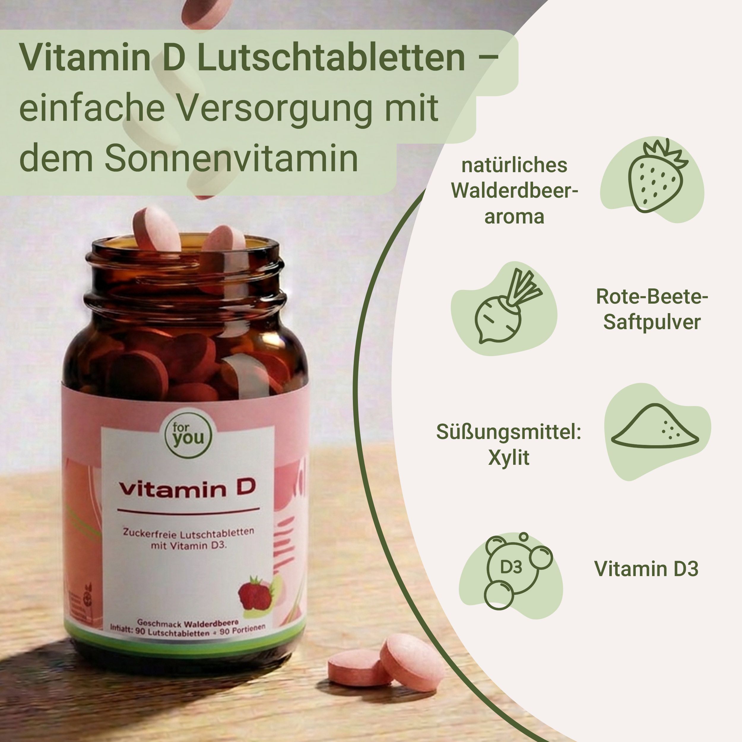 Flasche mit Vitamin D Lutschtabletten und Icons, die Inhaltsstoffe wie Waldbeeraroma und Xylit zeigen.