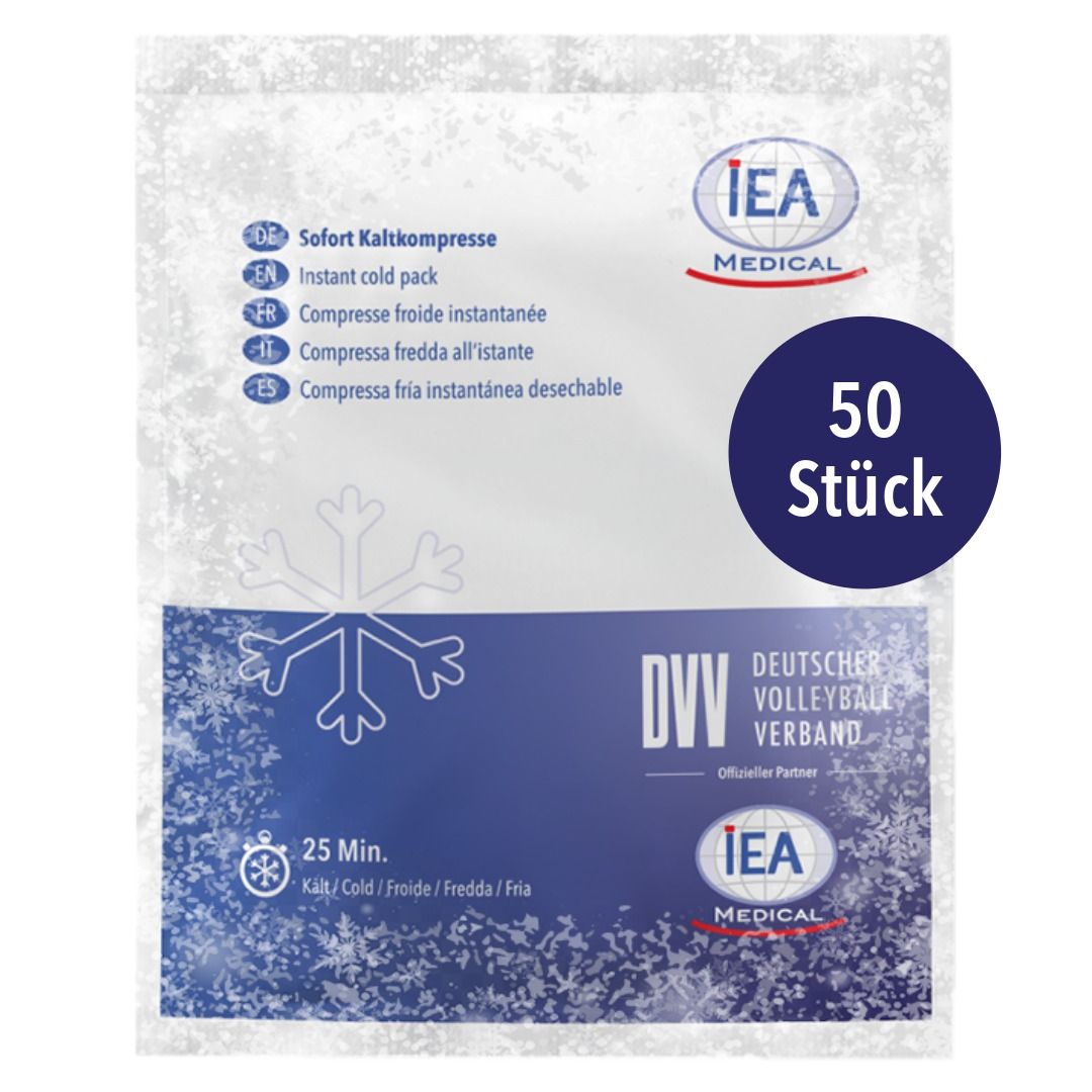 IEA Medical Sofort-Kälte-Kompresse, 50 Stück Packung mit deutscher Volleyball Verband Logo.