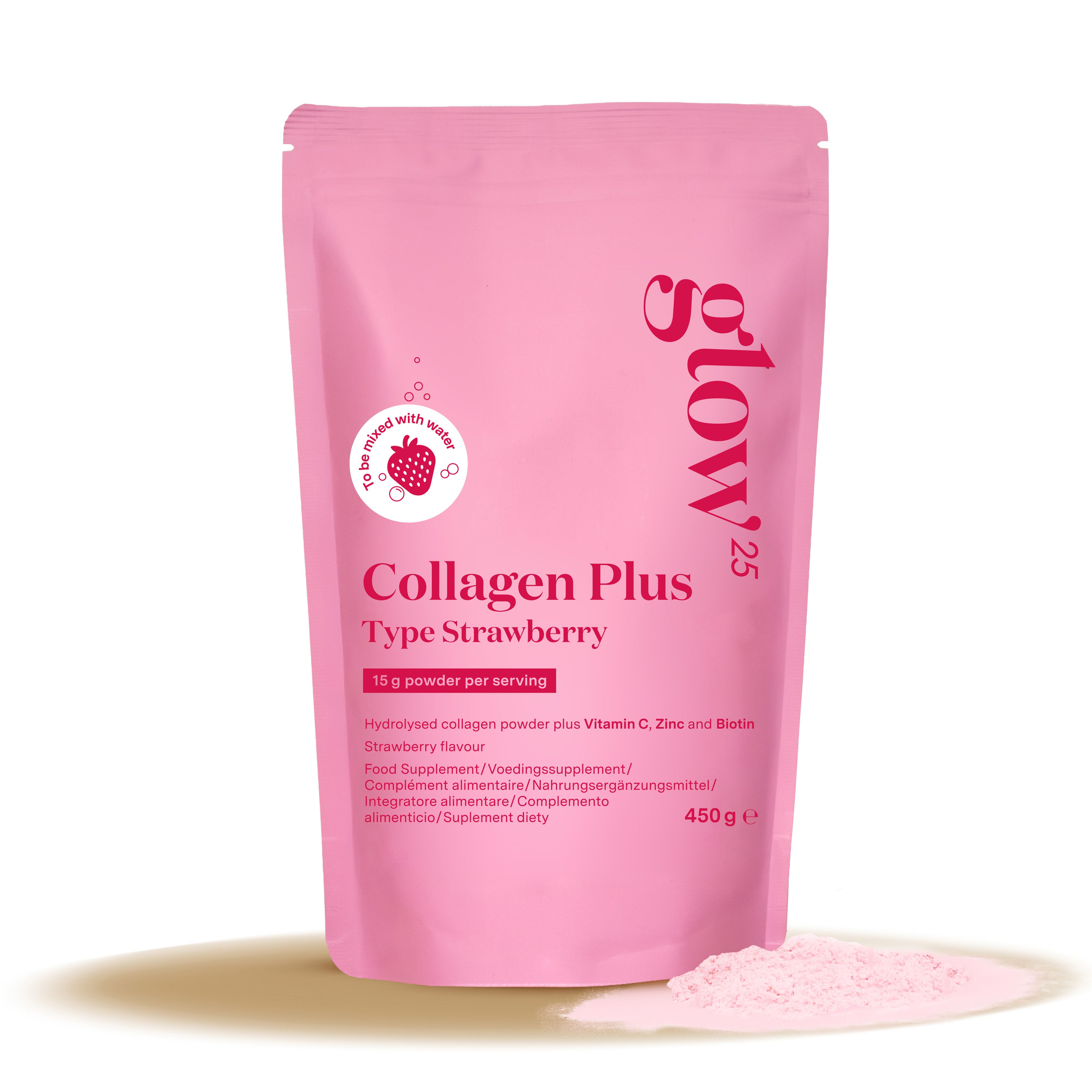 Glow25 Collagen Plus Typ Strawberry Pulver in rosa Standbodenbeutel, 450g.