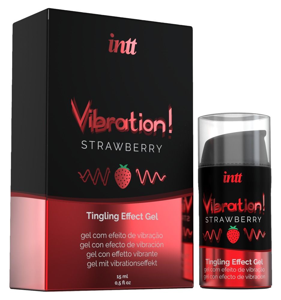 Produktverpackung und Flasche. Produktname: Vibration! Strawberry Tingling Effect Gel. Marke: INTT. Schwarze Verpackung und Flasche.