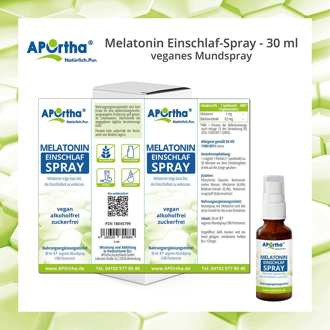 Produkt mit Verpackung und Flasche. Verpackung zeigt Produktinformationen und Inhaltsstoffe. Flasche mit Sprühkopf.