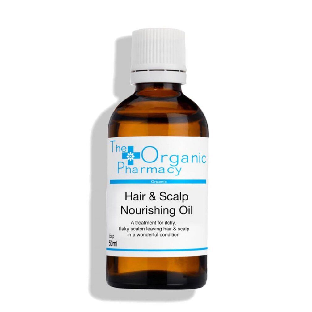 Braune Glasflasche mit weißem Deckel und Etikett. Text: Hair & Scalp Nourishing Oil, 50ml.