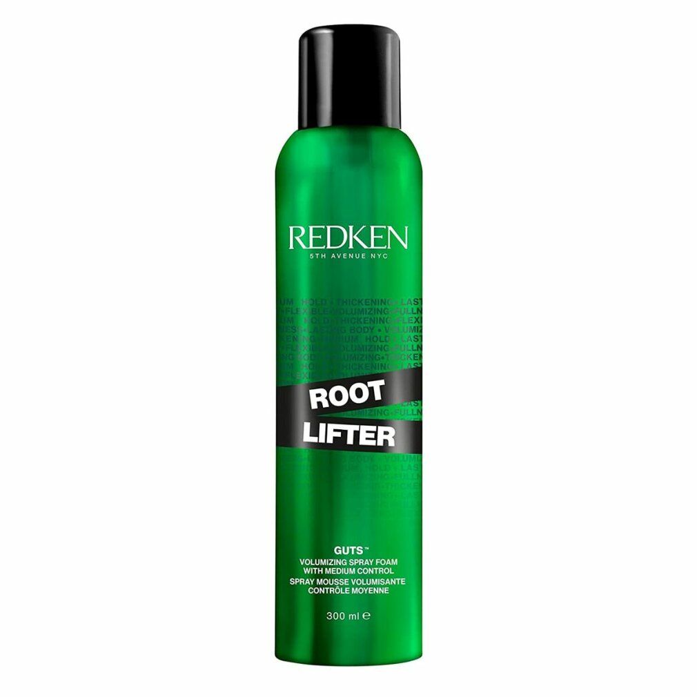 Grüne Sprühschaum-Flasche mit schwarzem Deckel. Beschriftung: Redken, Root Lifter. Text: Volumizing Spray Foam, 300 ml.