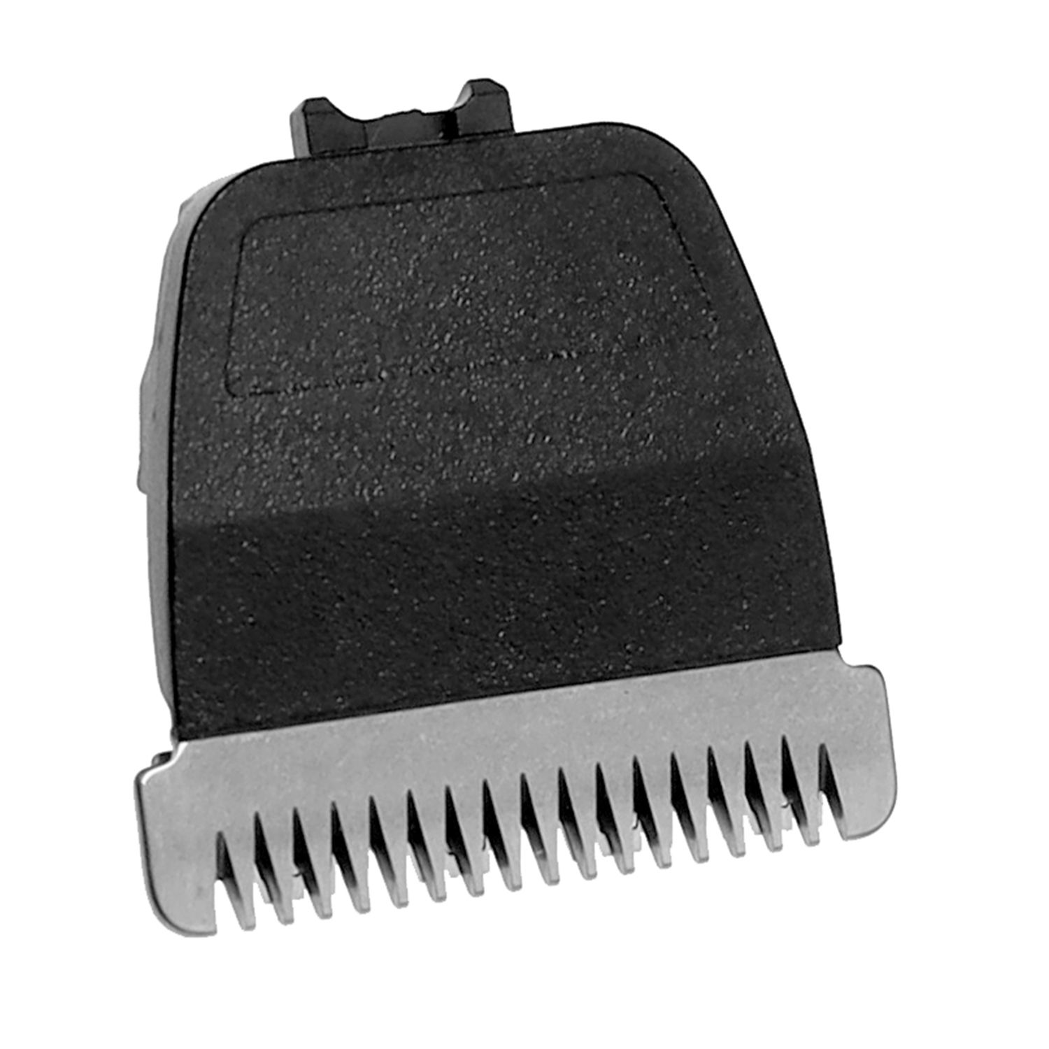 Schwarzes Kunststoffgehäuse mit Metallklinge. Die Klinge hat gezahnte Schneidekanten.