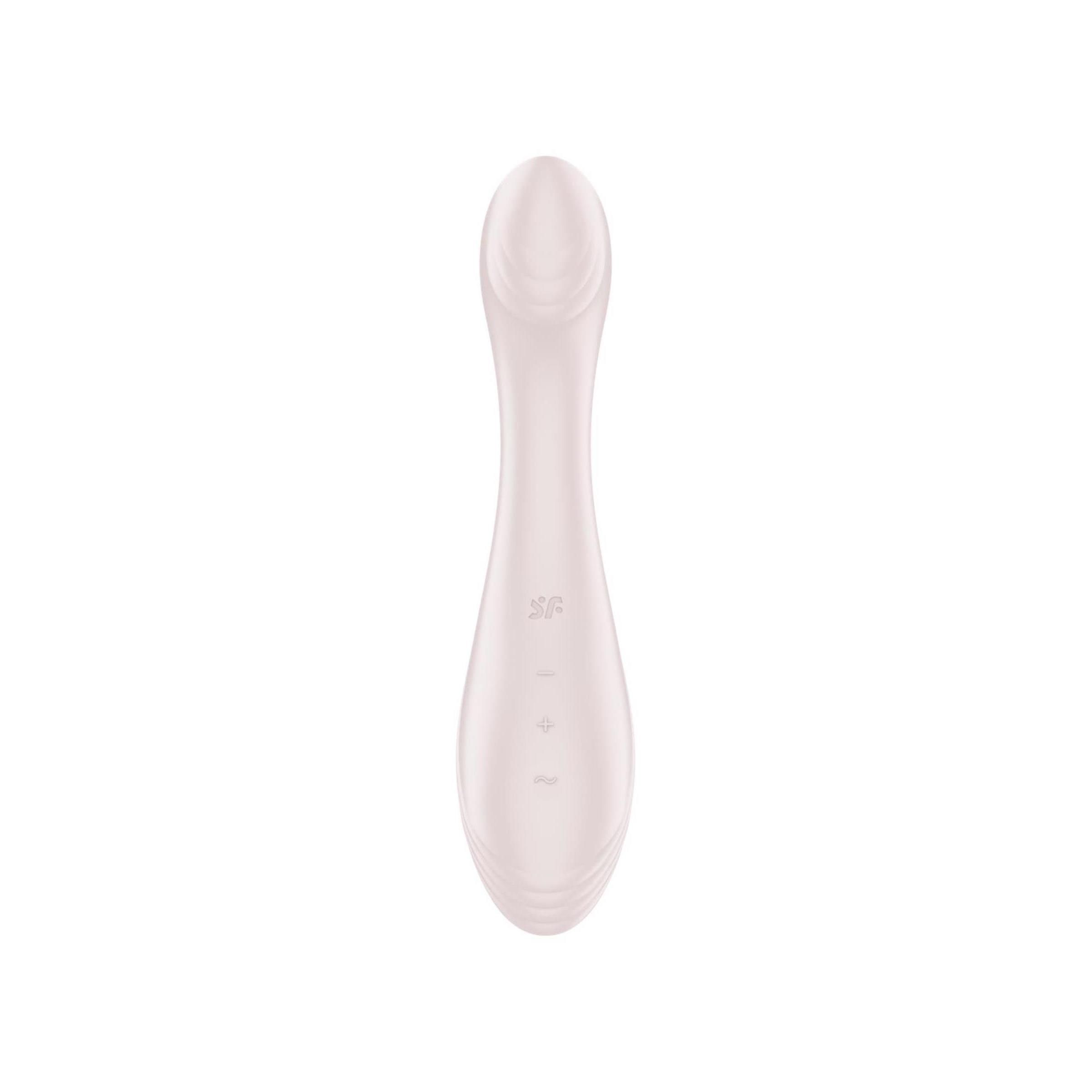 Hellrosa Vibrator mit länglicher Form. SF-Logo und Bedienknöpfe sichtbar.