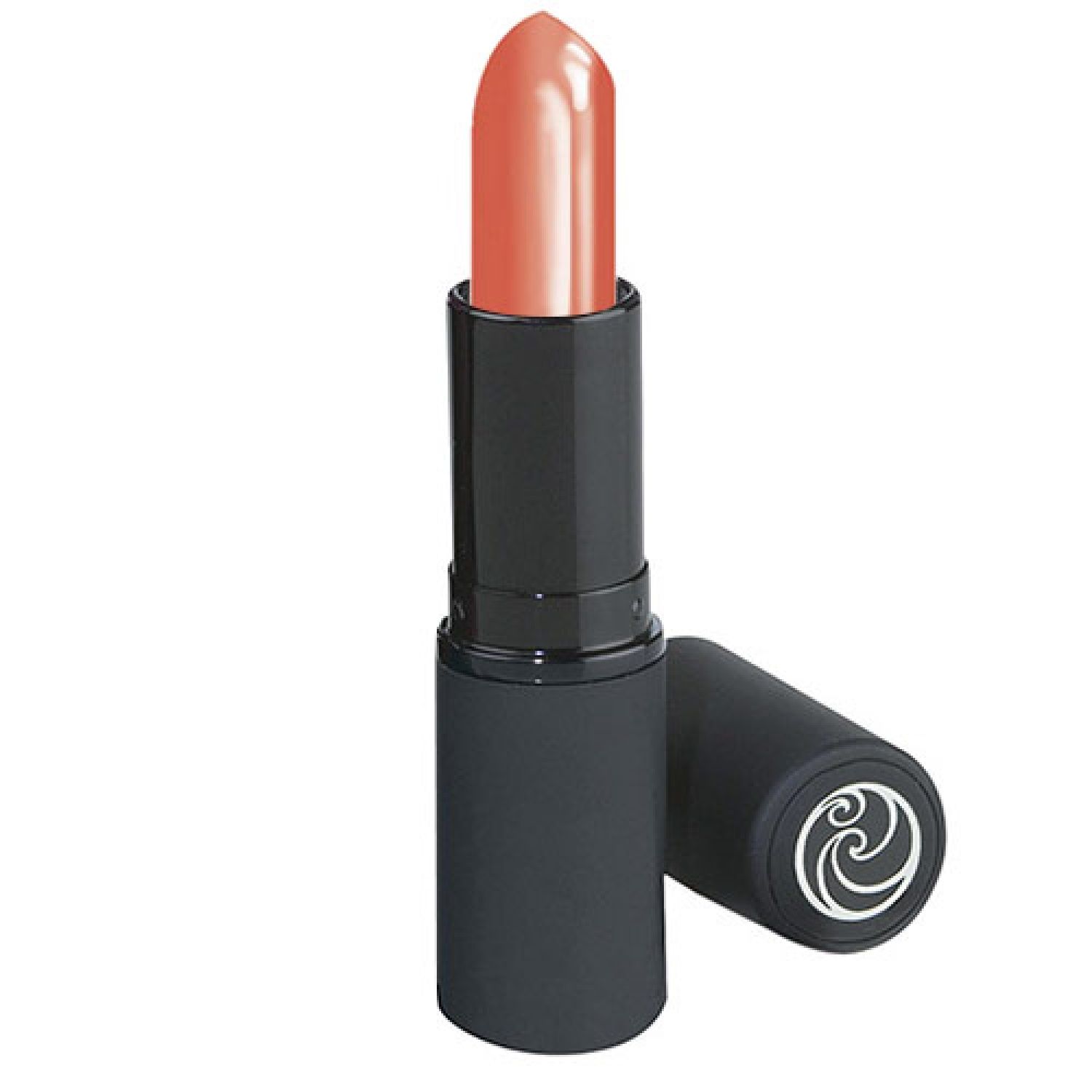 Lippenstift, korallenfarben. Schwarze Hülse, offene Kappe daneben. Logo auf der Kappe.
