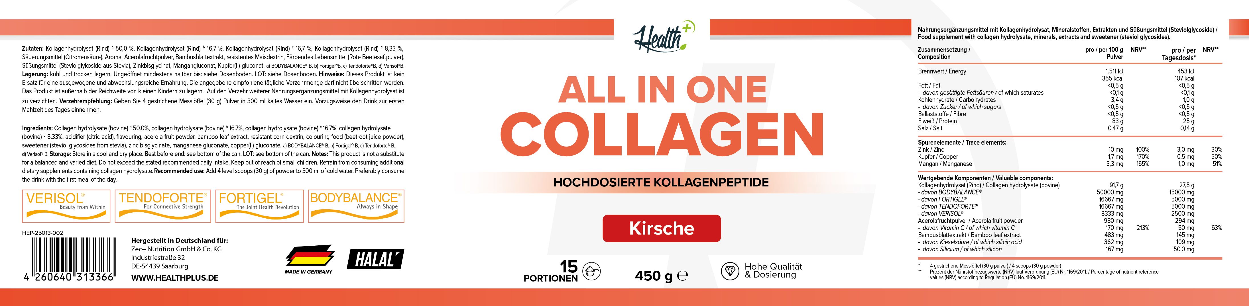 Etikett mit Produktnamen 'ALL IN ONE COLLAGEN'. Text in Rot und Schwarz. 'Kirsche' darunter. Mit Zertifizierungen.
