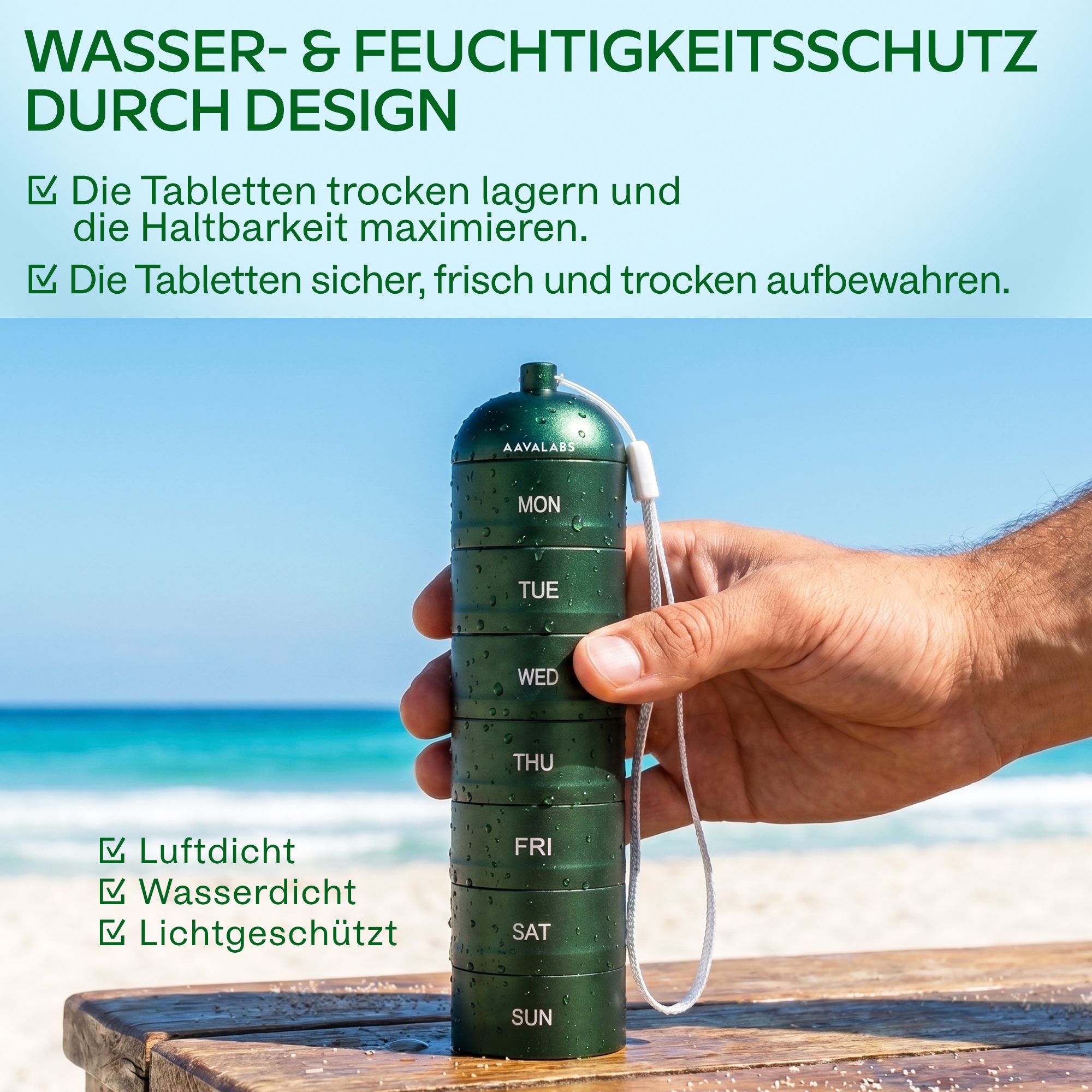 Aavalabs Tablettenbox Wochenplaner | Plastikfrei & BPA-frei | Aluminium Wasserdicht mit Spin-Lock