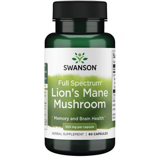 Grüne Flasche mit schwarzem Deckel. Aufschrift: Swanson, Full Spectrum Lion's Mane Mushroom, 500 mg pro Kapsel, 60 Kapseln.