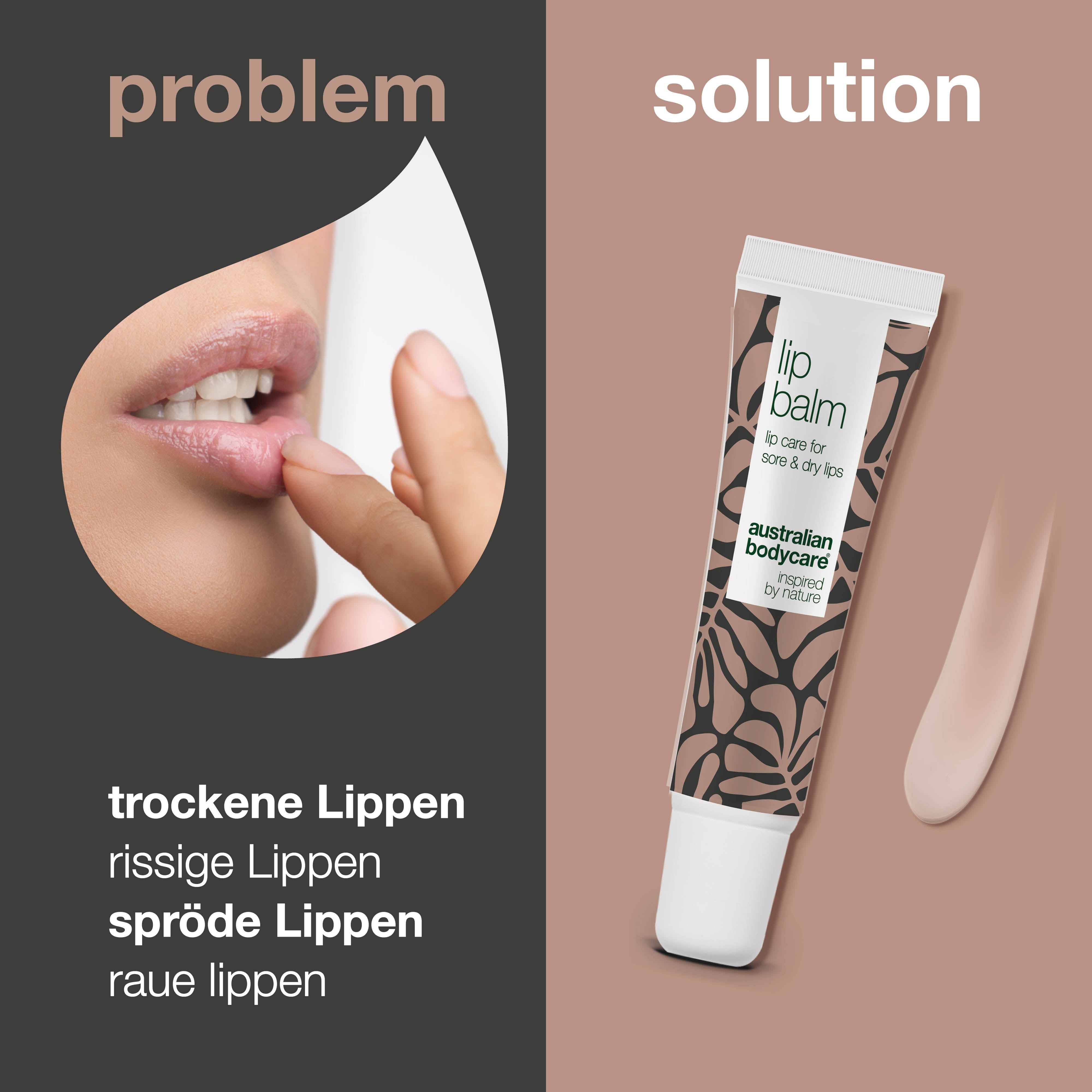 Lippenpflege-Tube und Lippen. Text: Lippenbalsam, Australian Bodycare. Problem: trockene Lippen.