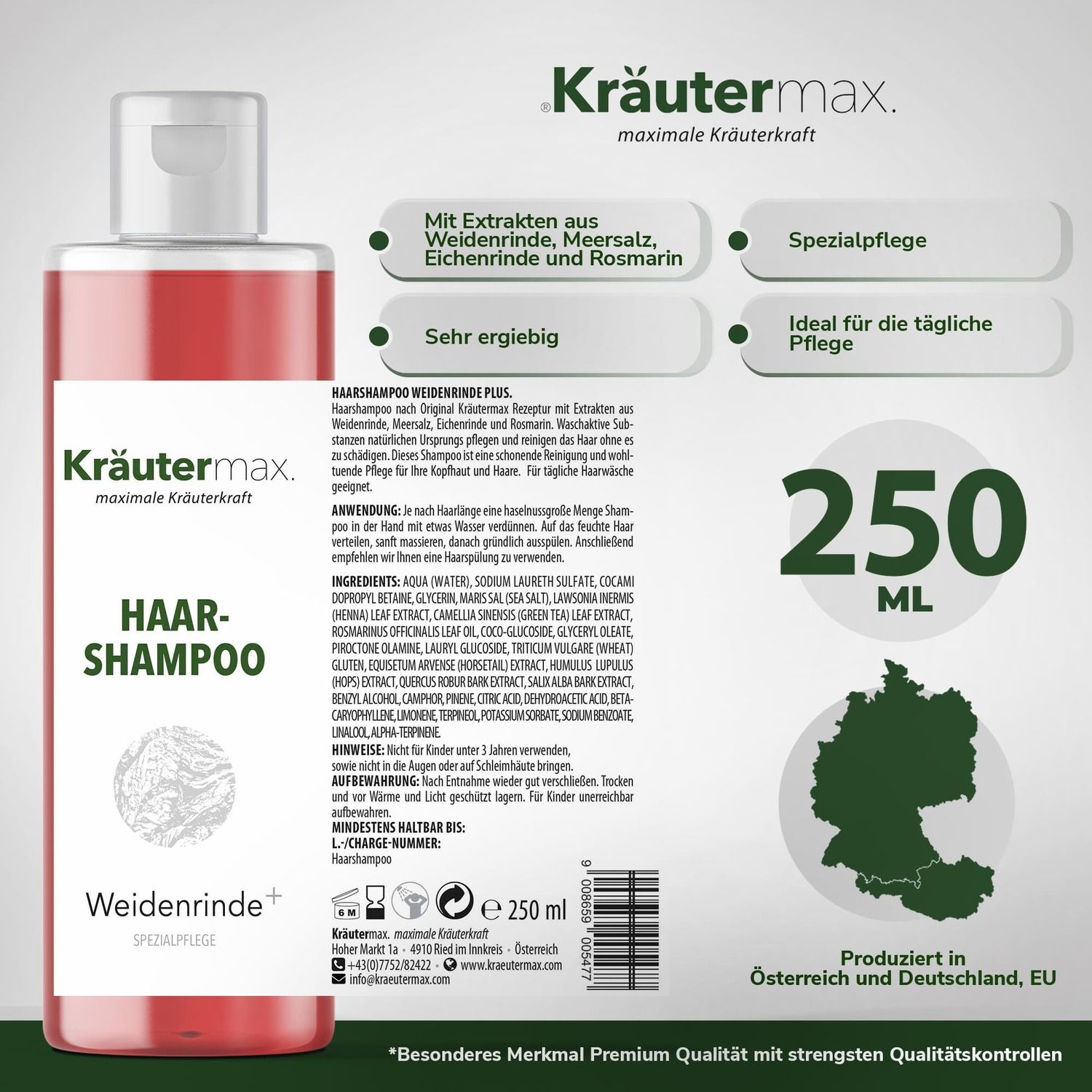 Shampoo-Flasche mit roter Flüssigkeit. Text: '250 ml', Inhaltsstoffe, 'Hergestellt in Österreich und Deutschland'.