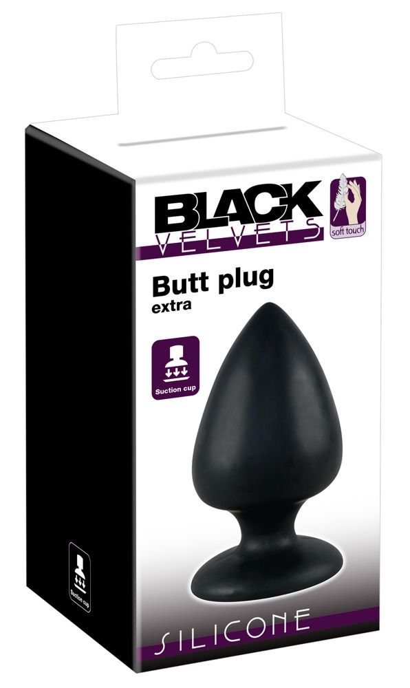 Schwarzer Analplug XL, in Verpackung. Aufschrift: BLACK VELVETS, Butt plug extra, SILICONE.