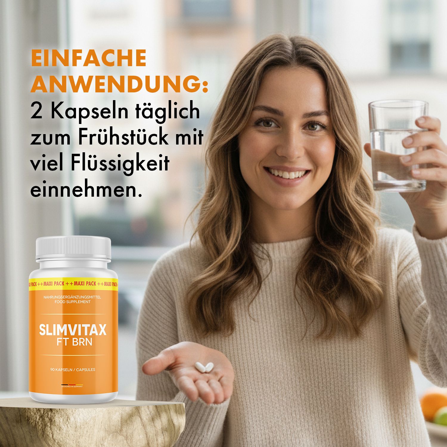 Frau hält Slimvitax FT BRN Kapseln und ein Glas Wasser. Text: 'Einfache Anwendung: 2 Kapseln täglich'.
