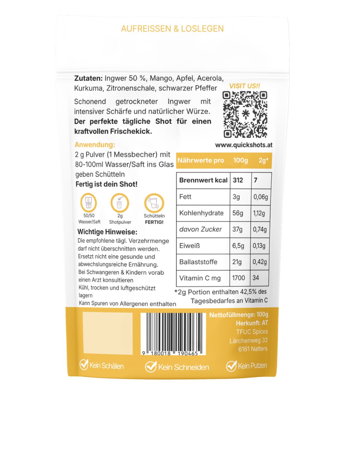 Rückseite eines Quickshots Pure Ingwer Pulverbeutels mit Zutatenliste und Nährwertangaben.