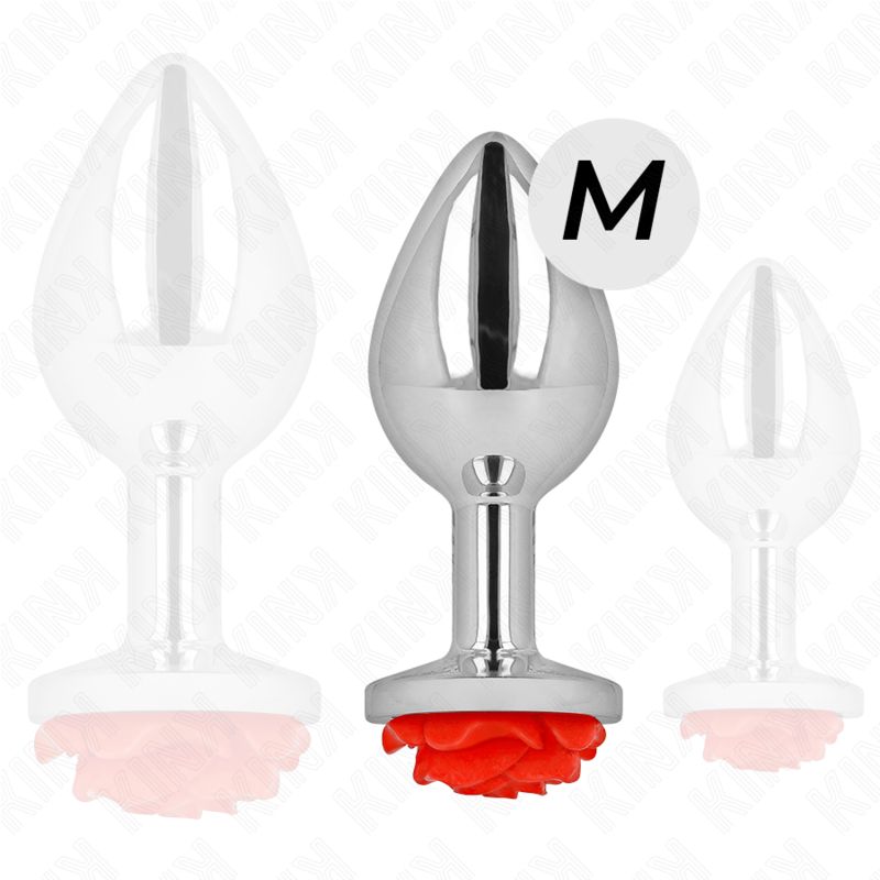 Größe M Analplug aus Metall mit roter Rosenapplikation. Drei Ansichten.