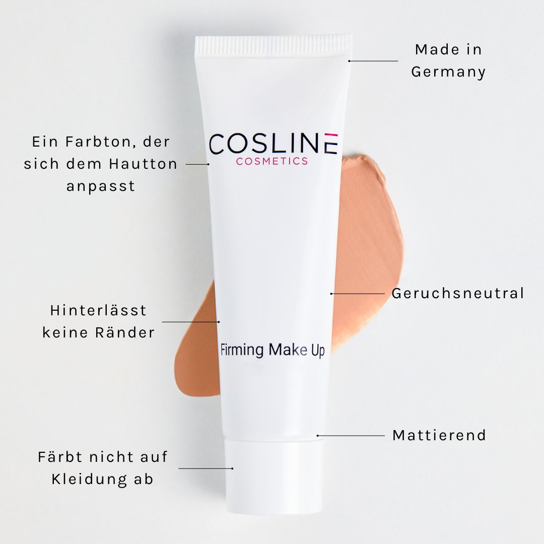 Weiße Tube mit Cosline Cosmetics Firming Make Up. Text: Made in Germany, Geruchsneutral, Mattierend.