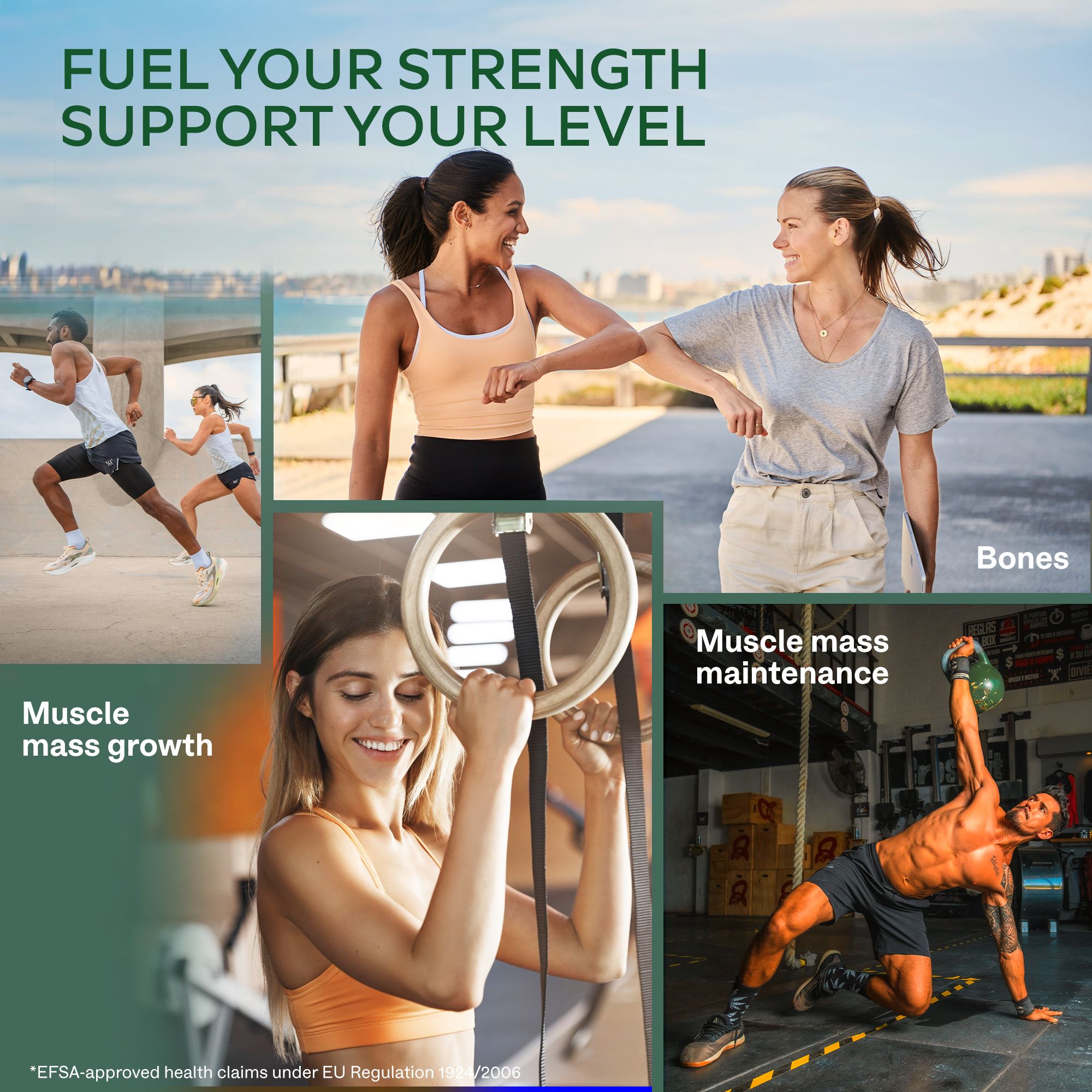 Bilder von Menschen beim Training. Text: Fuel your strength, support your level. Muskelaufbau, Knochen, Muskelmasse.