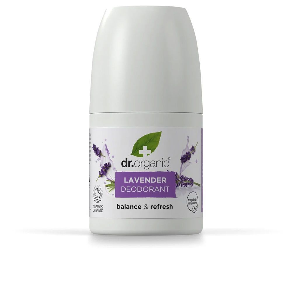 Eine weiße Flasche mit Roll-on-Applikator. Aufkleber mit lila Schriftzug und Lavendel-Illustration. "LAVENDER DEODORANT" steht drauf.