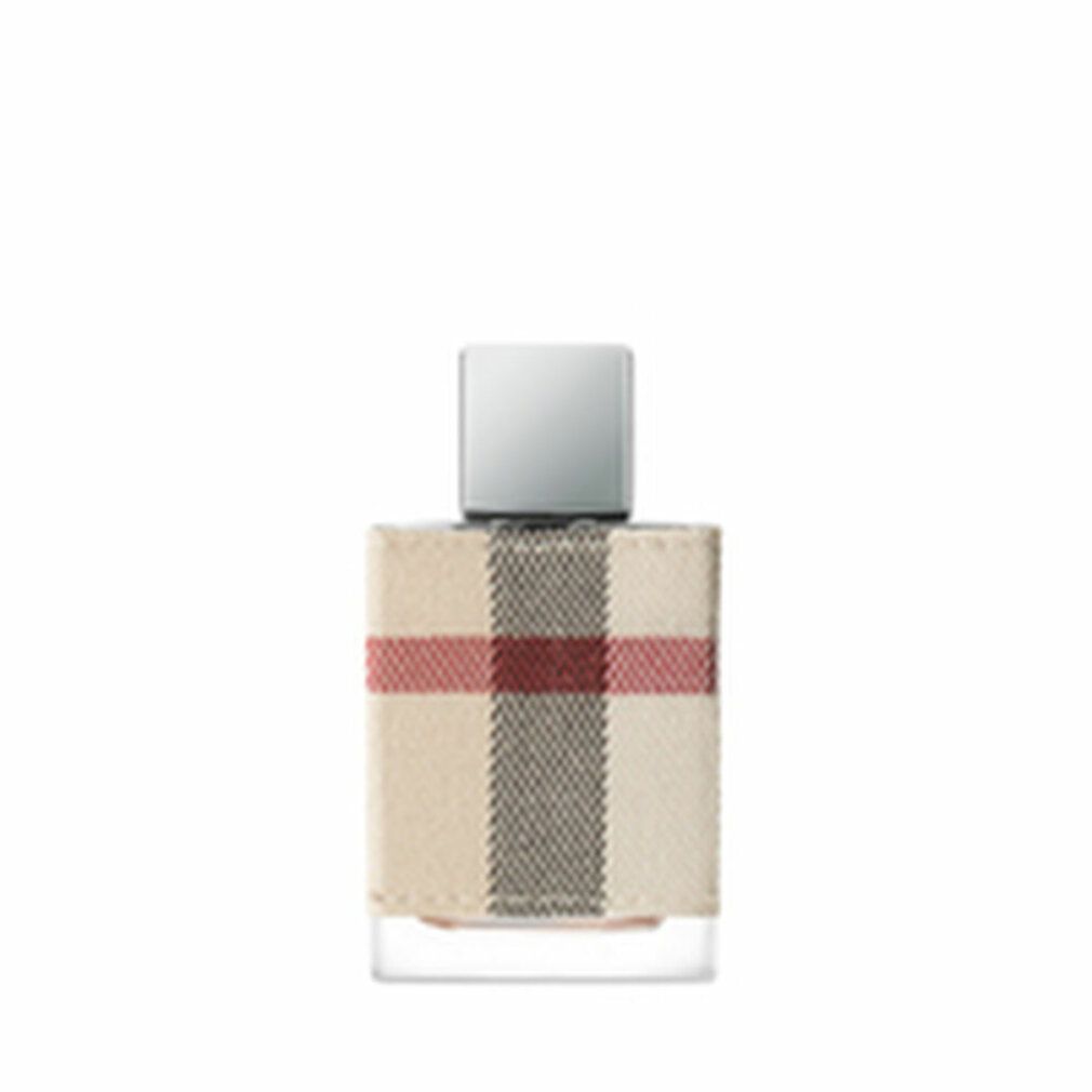 Burberry London for Her Eau De Parfum Spray-Flakon. Rechteckige Form, Karomuster. Silberner Verschluss. Glasflakon mit Stoffbezug.