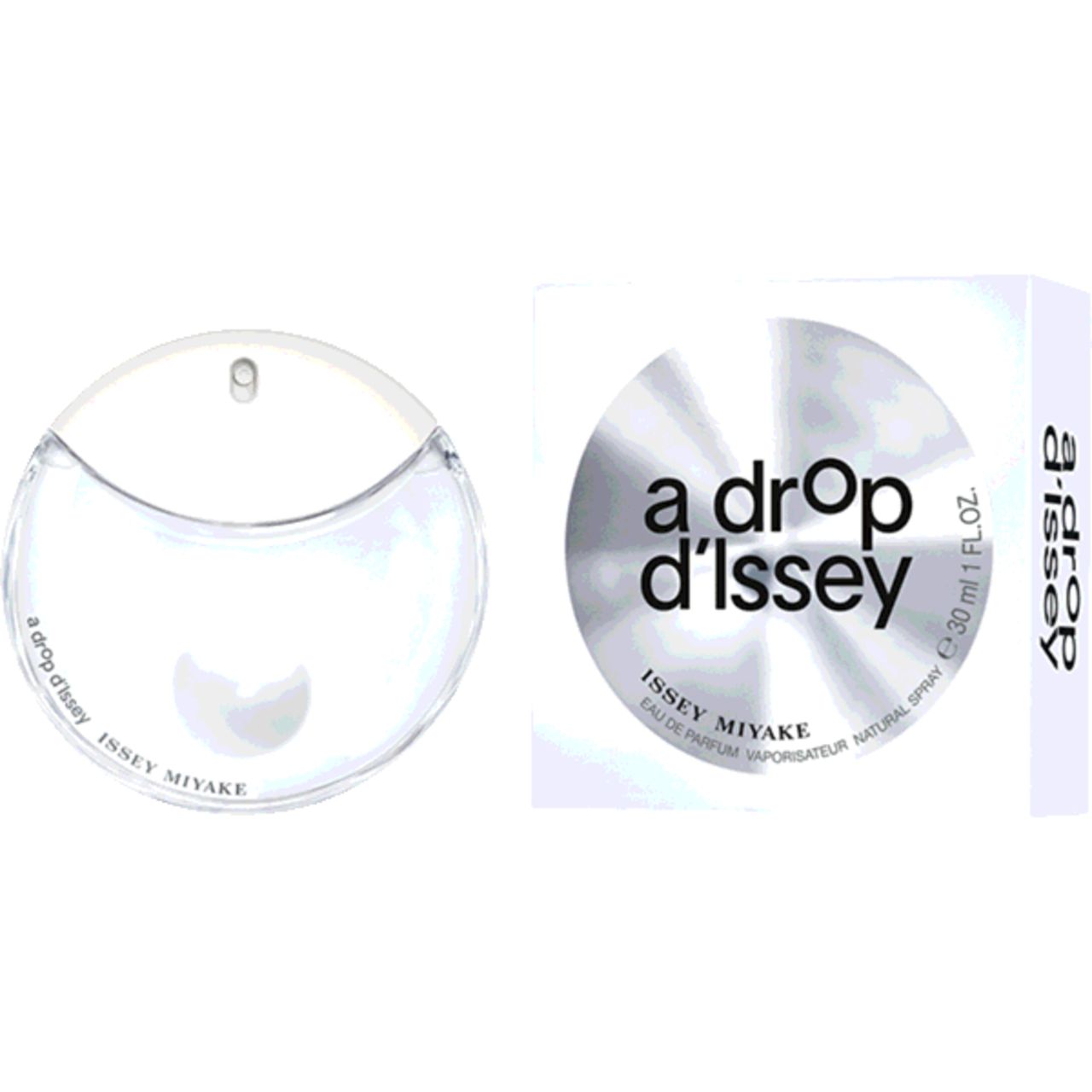 Runder Flakon und Verpackung. Flakon mit weißem Deckel. Aufschrift: a drop d'Issey, ISSEY MIYAKE. Verpackung mit Logo.