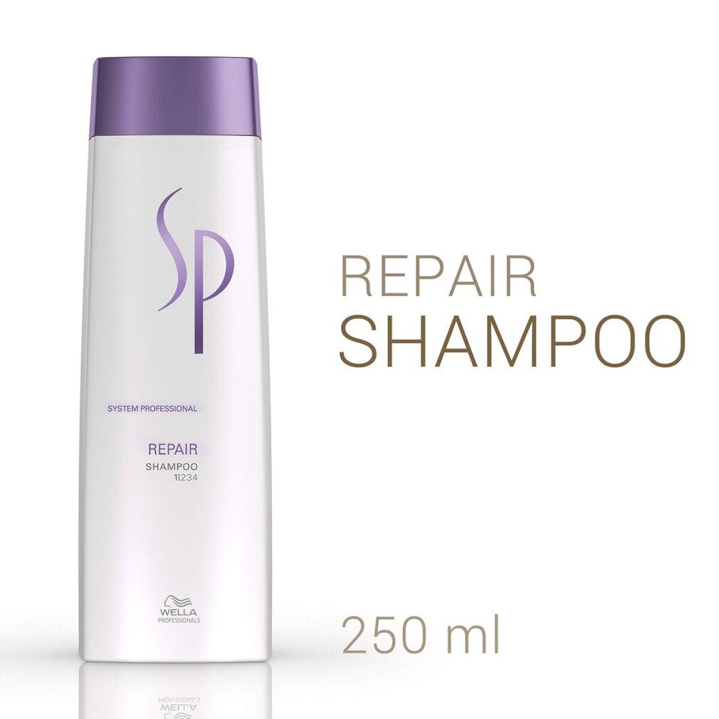 Weiße Flasche mit lila Verschluss, SP Repair Shampoo, 250 ml.