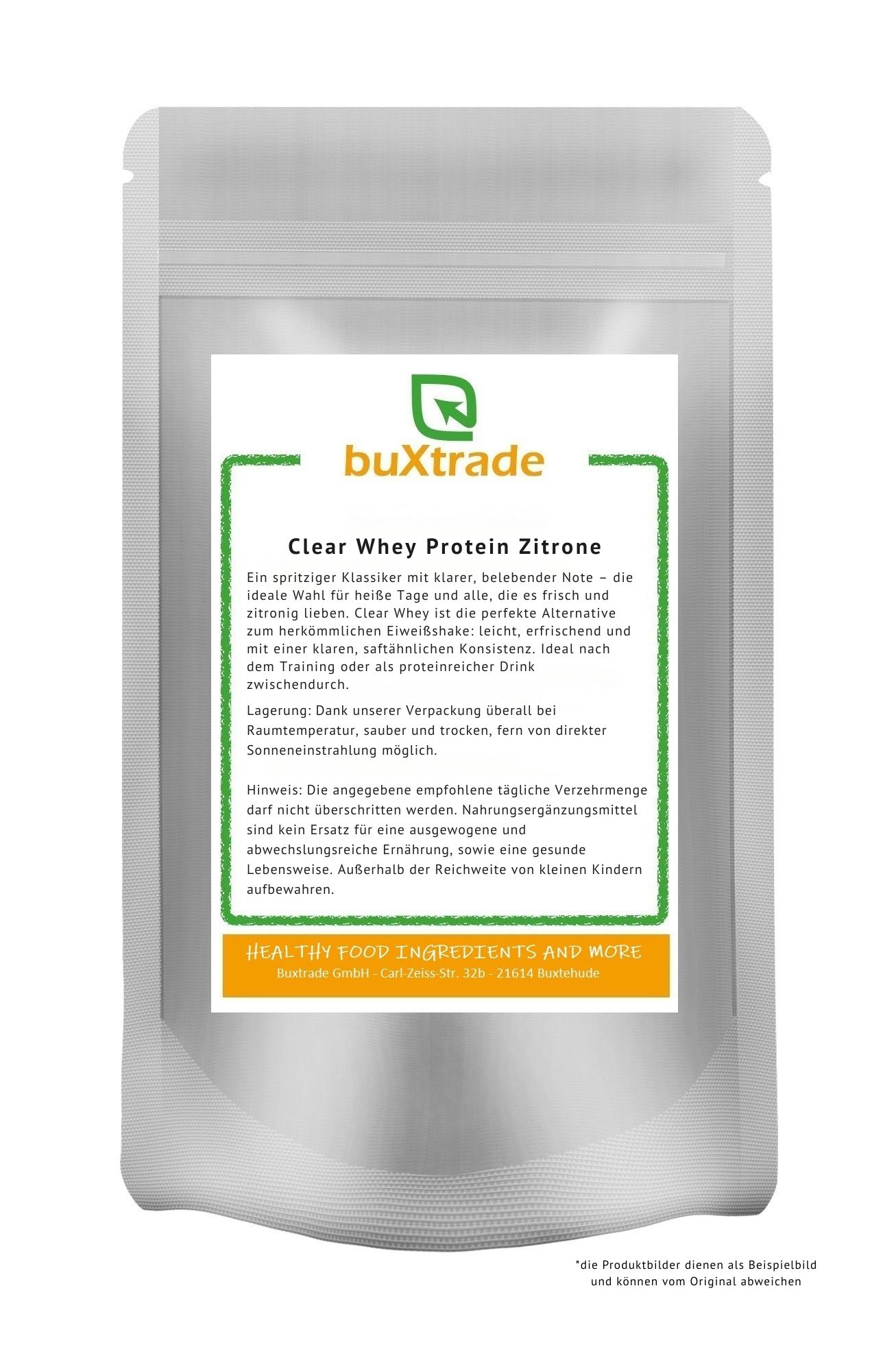 Beutel mit Produktetikett. Aufschrift: buXtrade, Clear Whey Protein Zitrone. Text in deutscher Sprache. Grün umrandet.