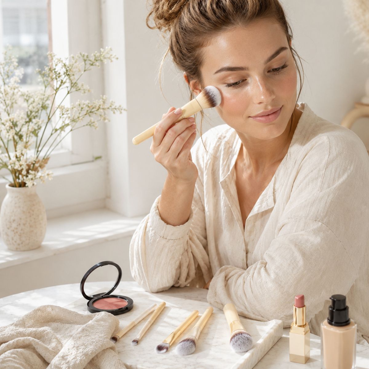 Frau trägt Make-up auf. Lippenstift und Foundation sind auf dem Tisch.