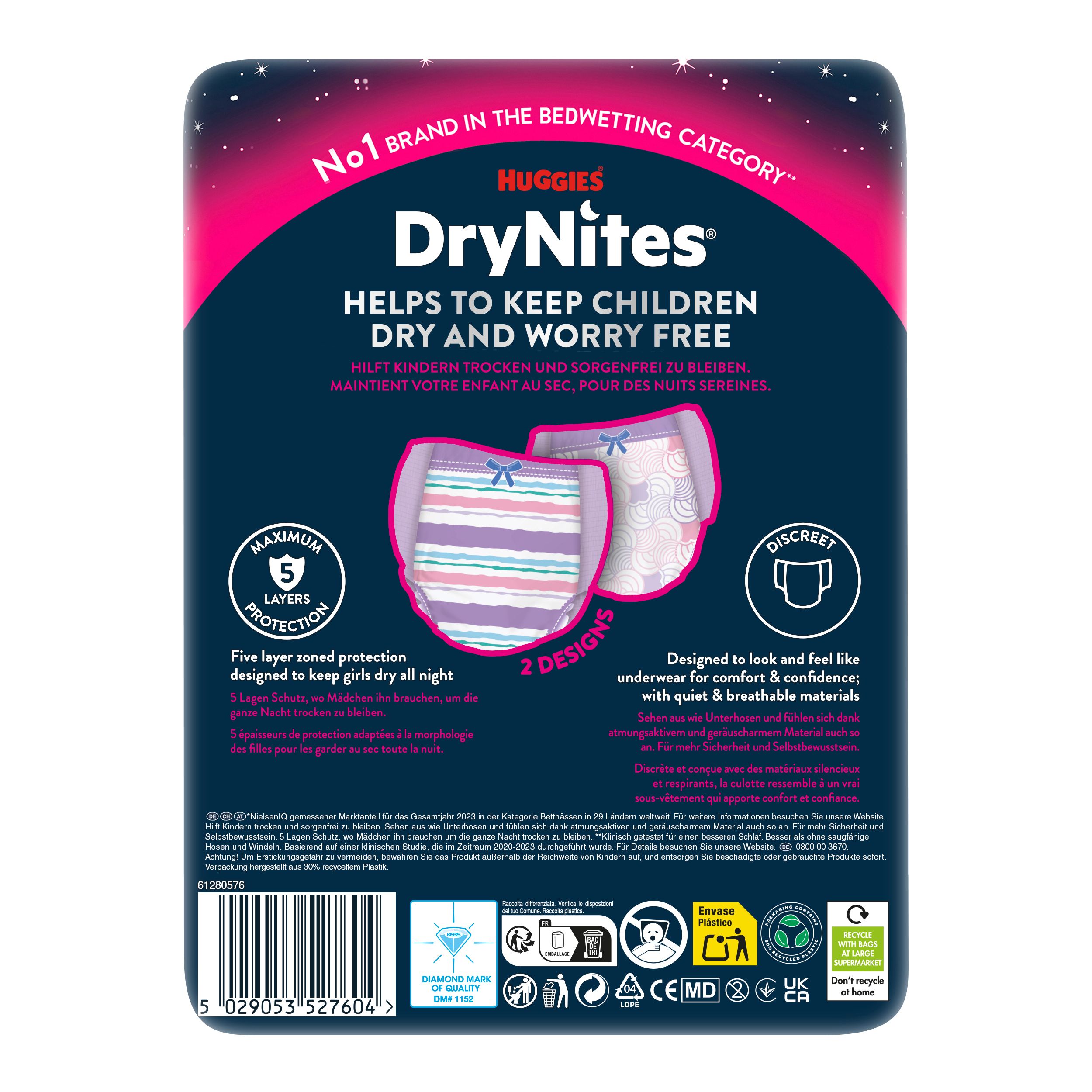 Rückseite der Huggies DryNites Pyjama Pants Packung. 2 Designs, 5 Schutzschichten. Hilft Kindern trocken und sorgenfrei zu bleiben.