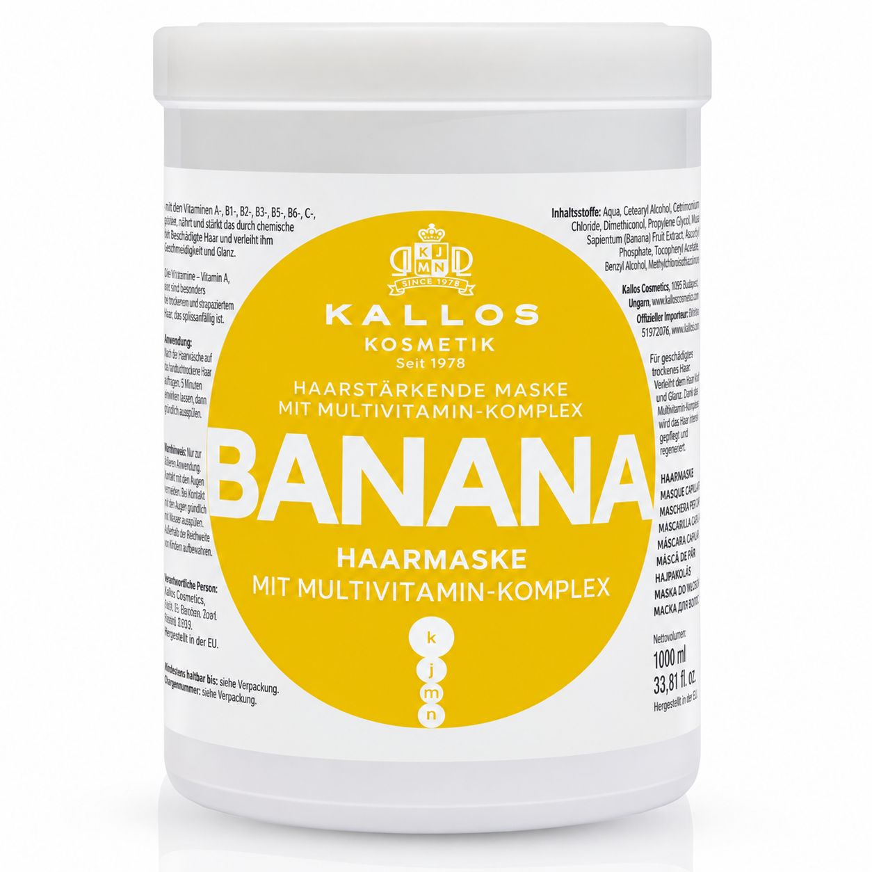 Weißer Tiegel Kallos Cosmetics Banana Hair Mask mit Multivitamin-Komplex, 1000ml.