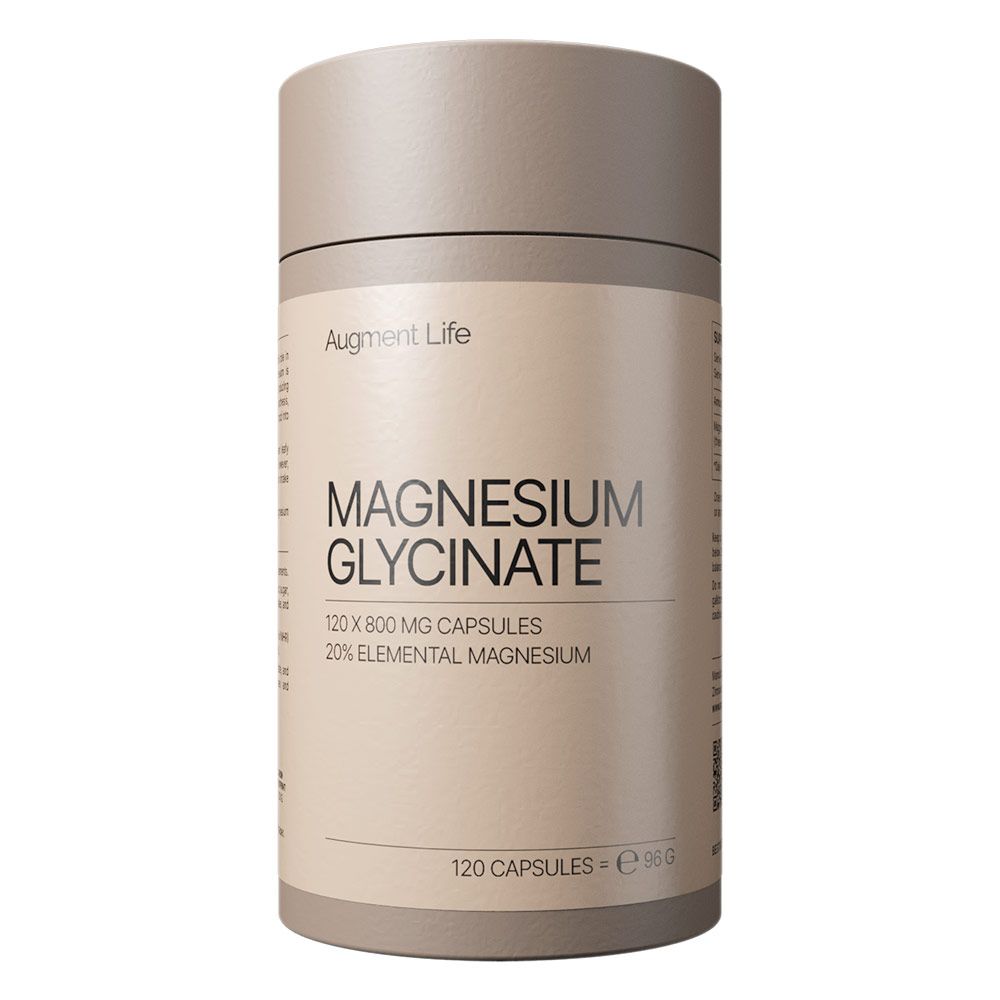 Beige Dose mit Magnesium Glycinat Kapseln. Enthält 120 Kapseln à 800 mg.